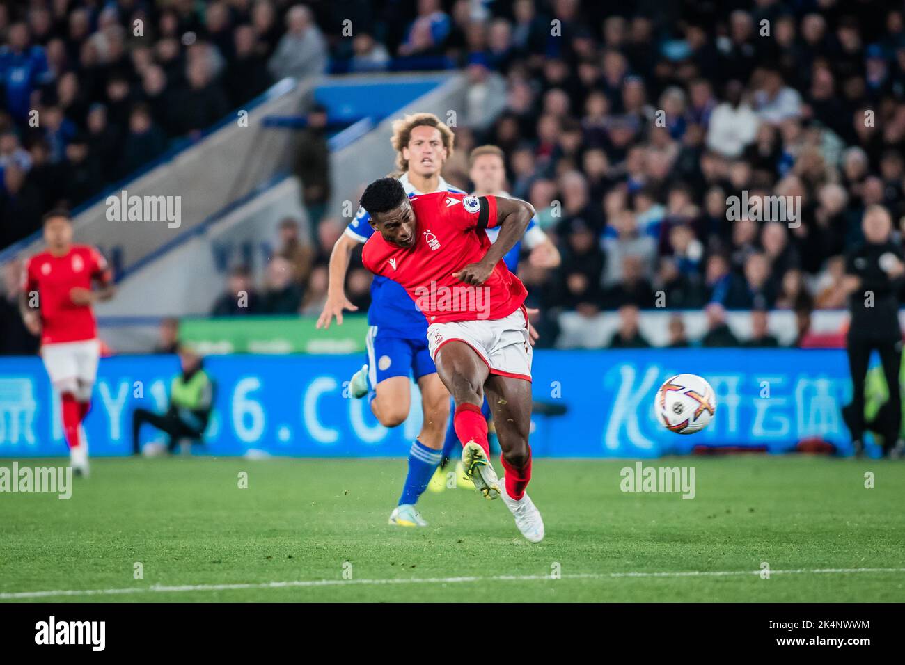 Taiwo Awoniyi #9 of Nottingham Forest breaks through on goal during the Premier League match Leicester City vs Nottingham Forest at King Power Stadium, Leicester, United Kingdom, 3rd October 2022  (Photo by Ritchie Sumpter/News Images) Stock Photo