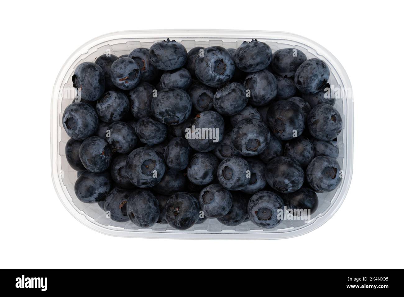 fresh blueberries in plastic box container isolated on white background, top view Stock Photo