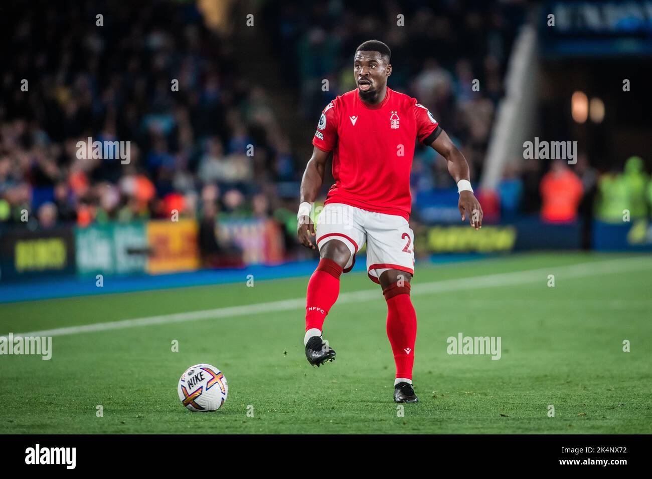 Serge Aurier #24 of Nottingham Forest passes the ball during the Premier League match Leicester City vs Nottingham Forest at King Power Stadium, Leicester, United Kingdom, 3rd October 2022  (Photo by Ritchie Sumpter/News Images) Stock Photo