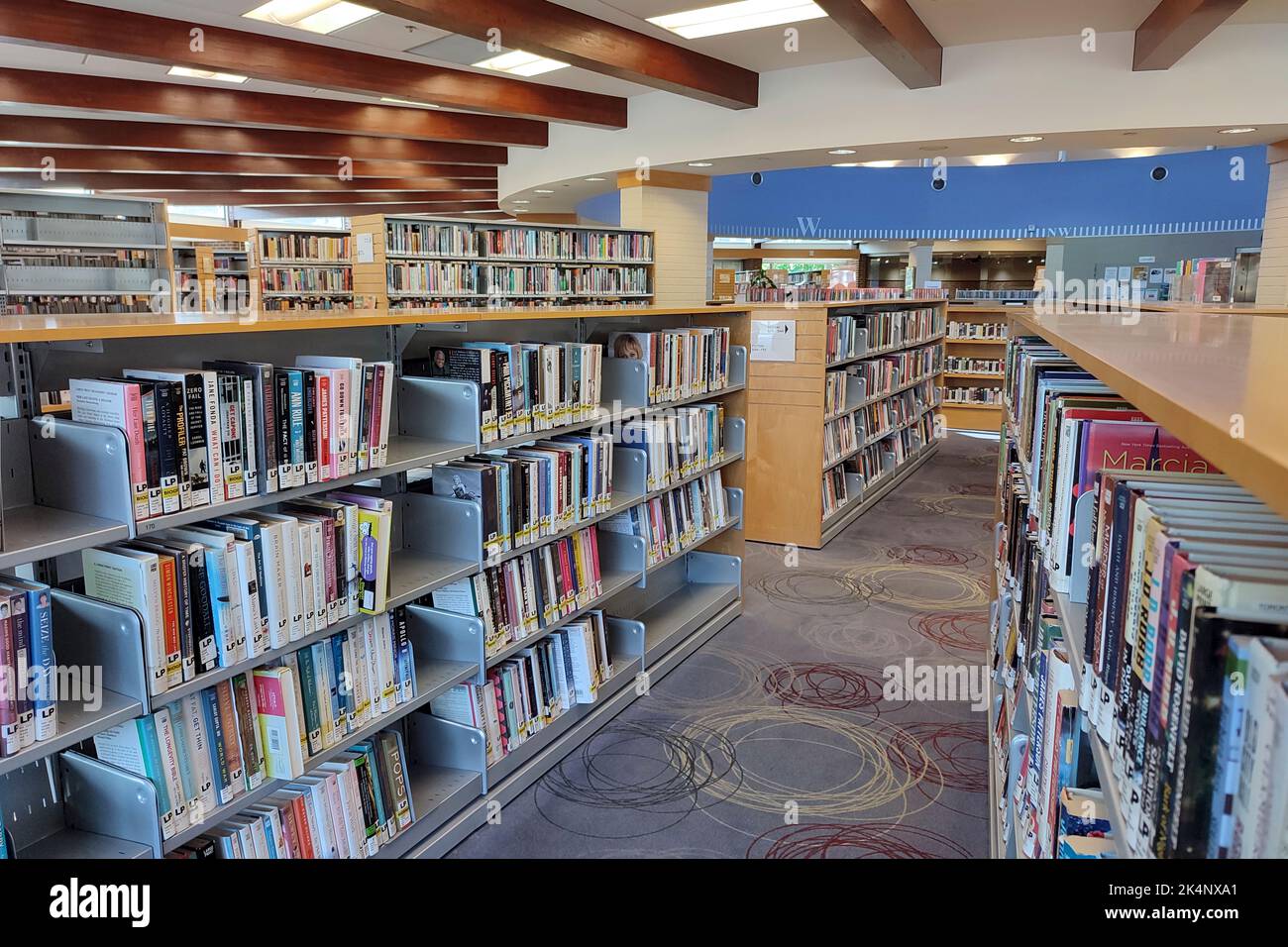 Public library. Bookshelves with books and textbooks. Learning and education concept. Stock Photo