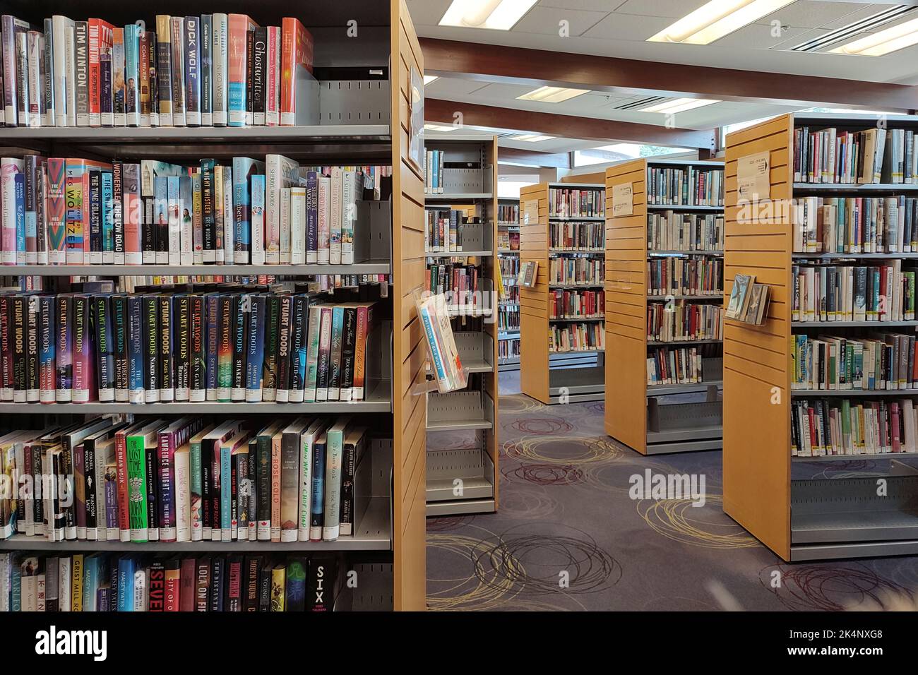 Library. Bookshelves with books and textbooks. Learning and education concept. Stock Photo