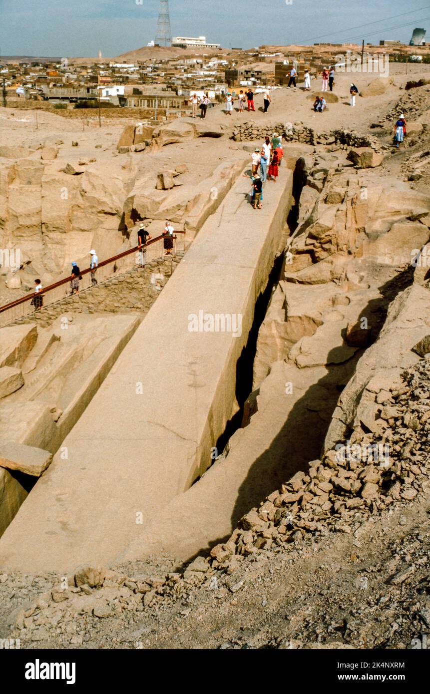 The unfinished ancient obelisk in a quarry near Aswan, Egypt, estimated to be around 1168 tons. Archival scan from a slide. February 1987. Stock Photo