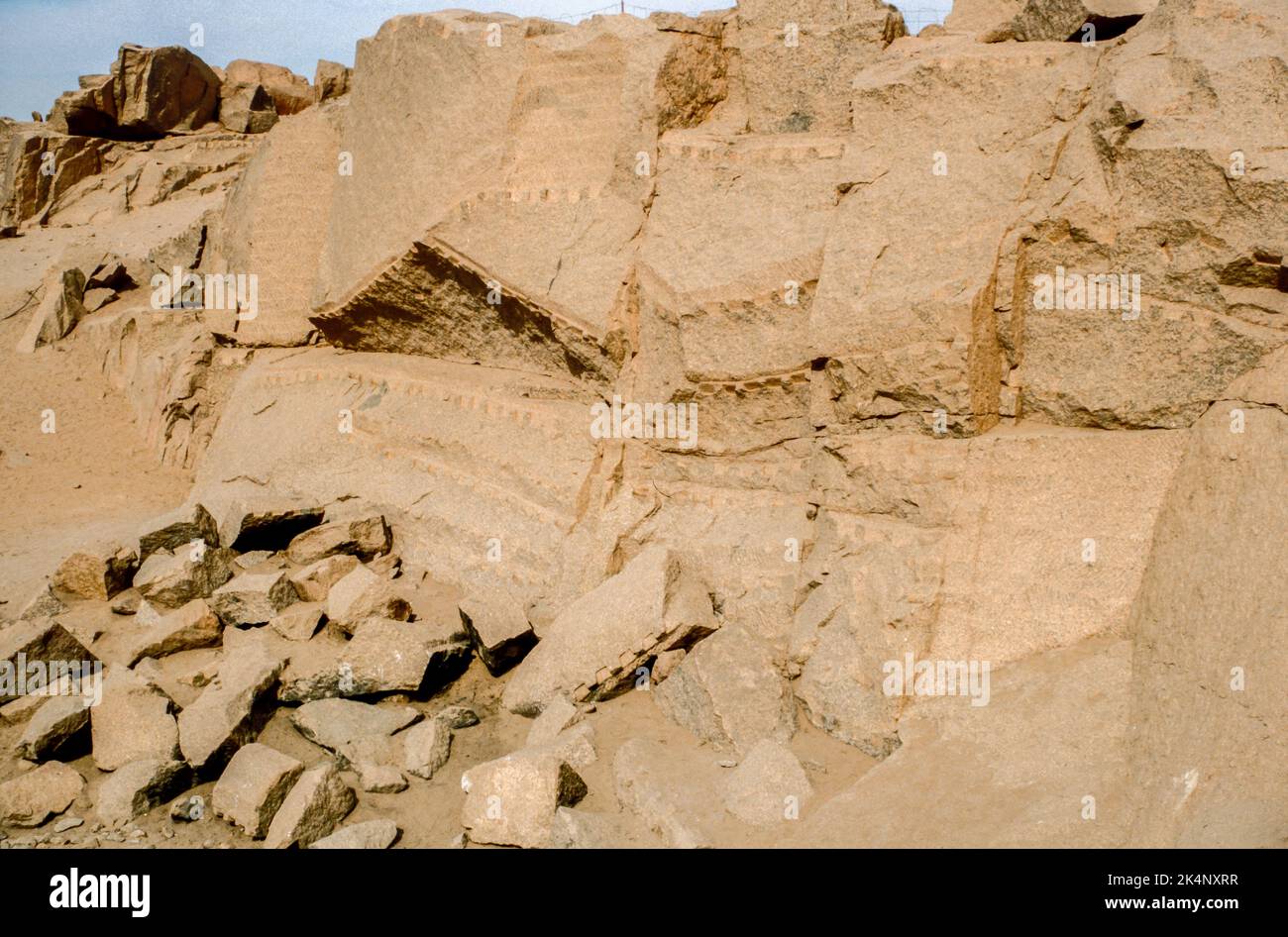 Chisel marks on stones in an ancient quarry near Aswan, Egypt. Archival