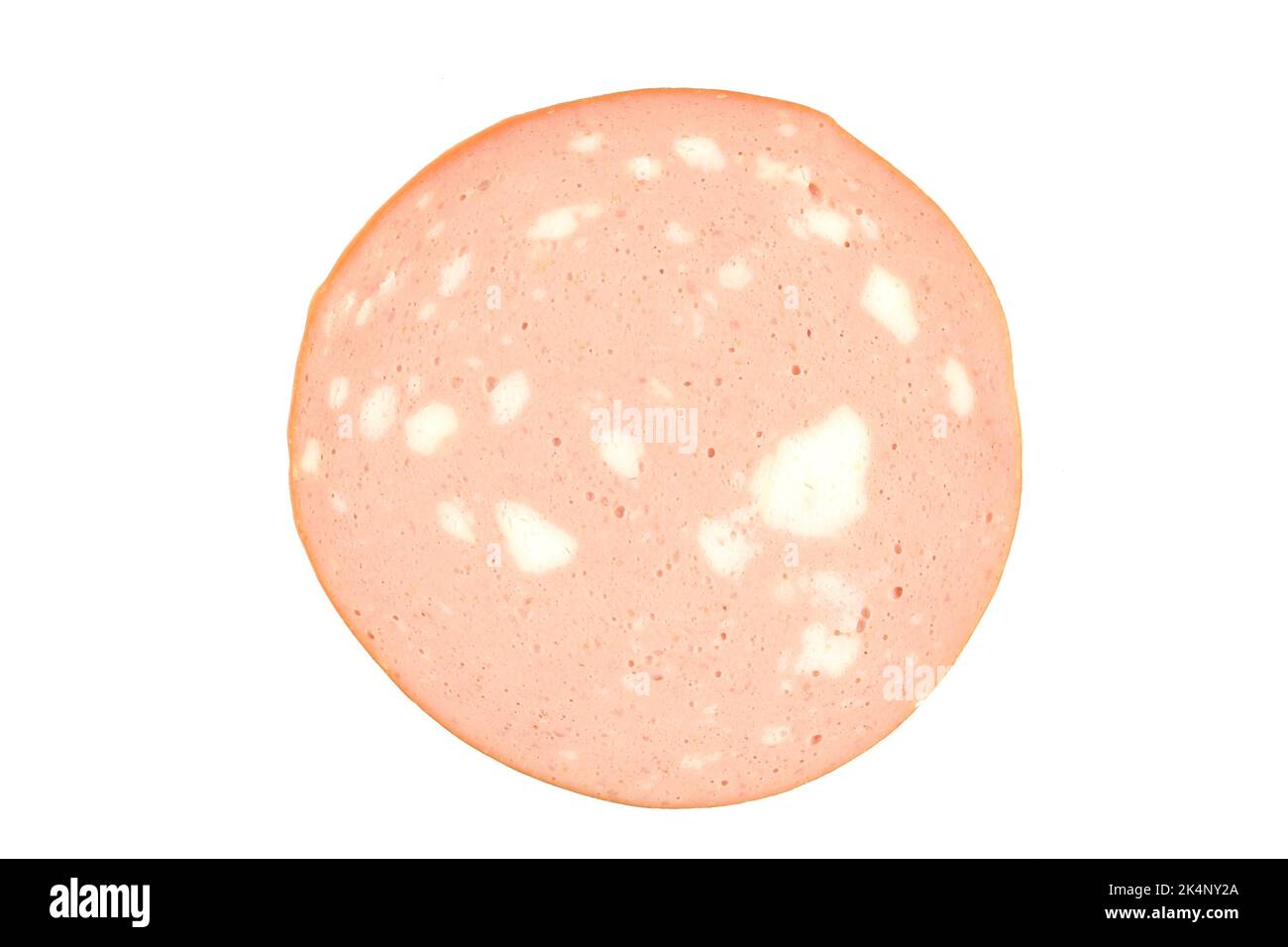 Single chicken mortadella slice isolated on white background Stock
