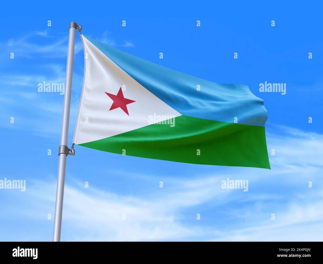 Beautiful Djibouti flag waving in the wind with sky background - 3D illustration - 3D render Stock Photo