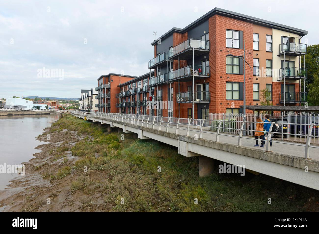 New residential buildings and walkway by the river Usk in Newport, Wales, UK Stock Photo Alamy