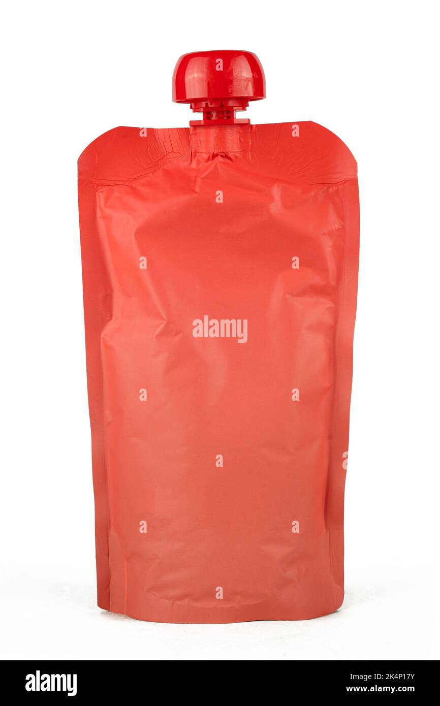 Red puree drink pouch bag mockup isolated on white background Stock
