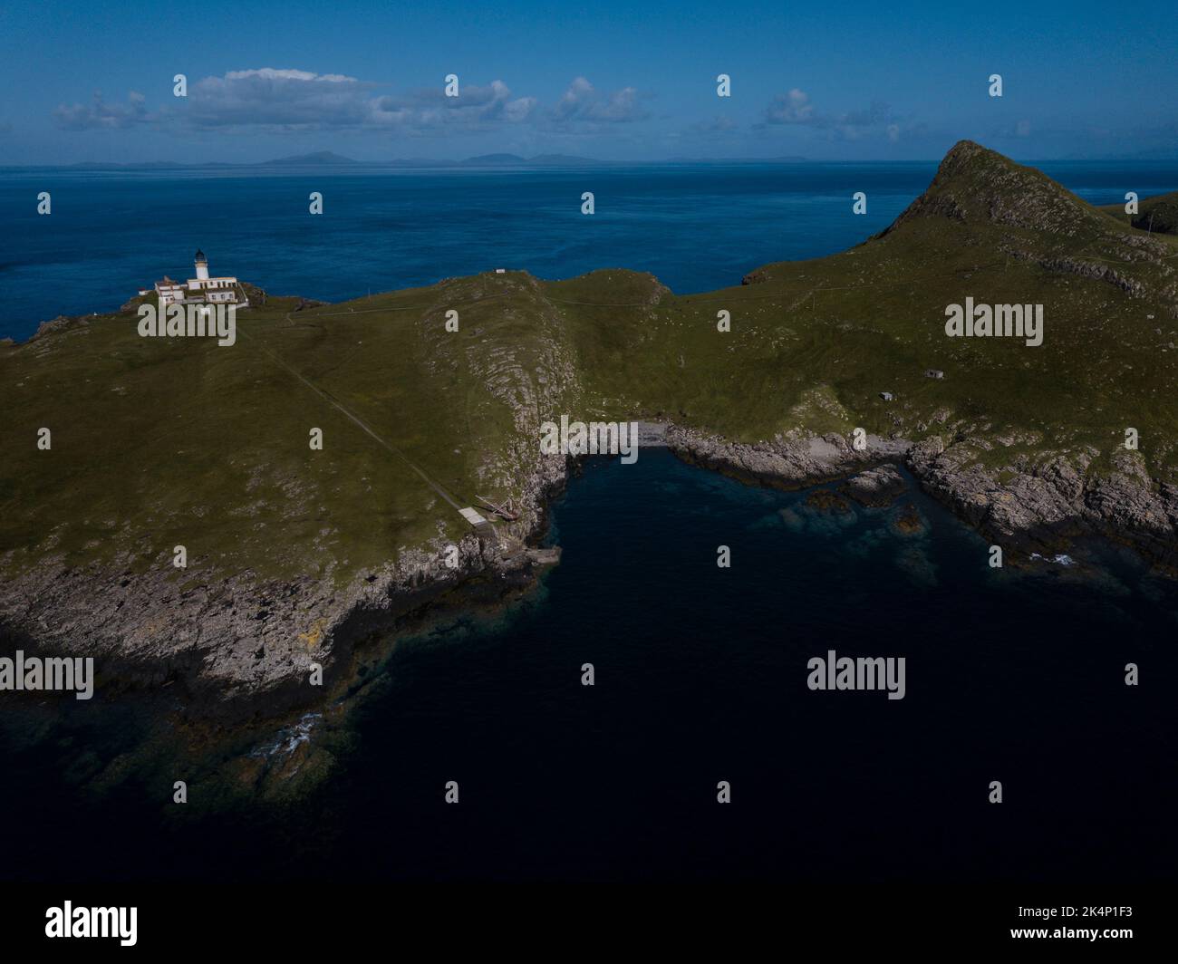 Aerial view of Neist Point Lighthouse on the Isle of Skye in Scotland