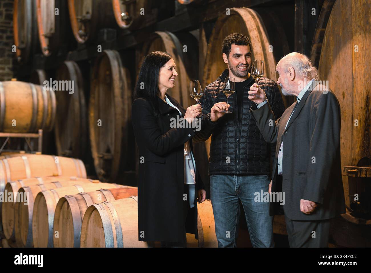 Wine cellar guests, one woman and two men tasting a white wine produced and aged by an old traditions in oak barrels Stock Photo