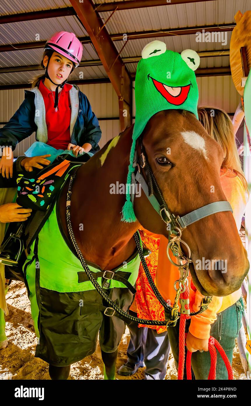 A girl sits astride a therapy horse at a Halloween costume party for riders in the Therapeutic Equestrian program in West Point, Mississippi. Stock Photo