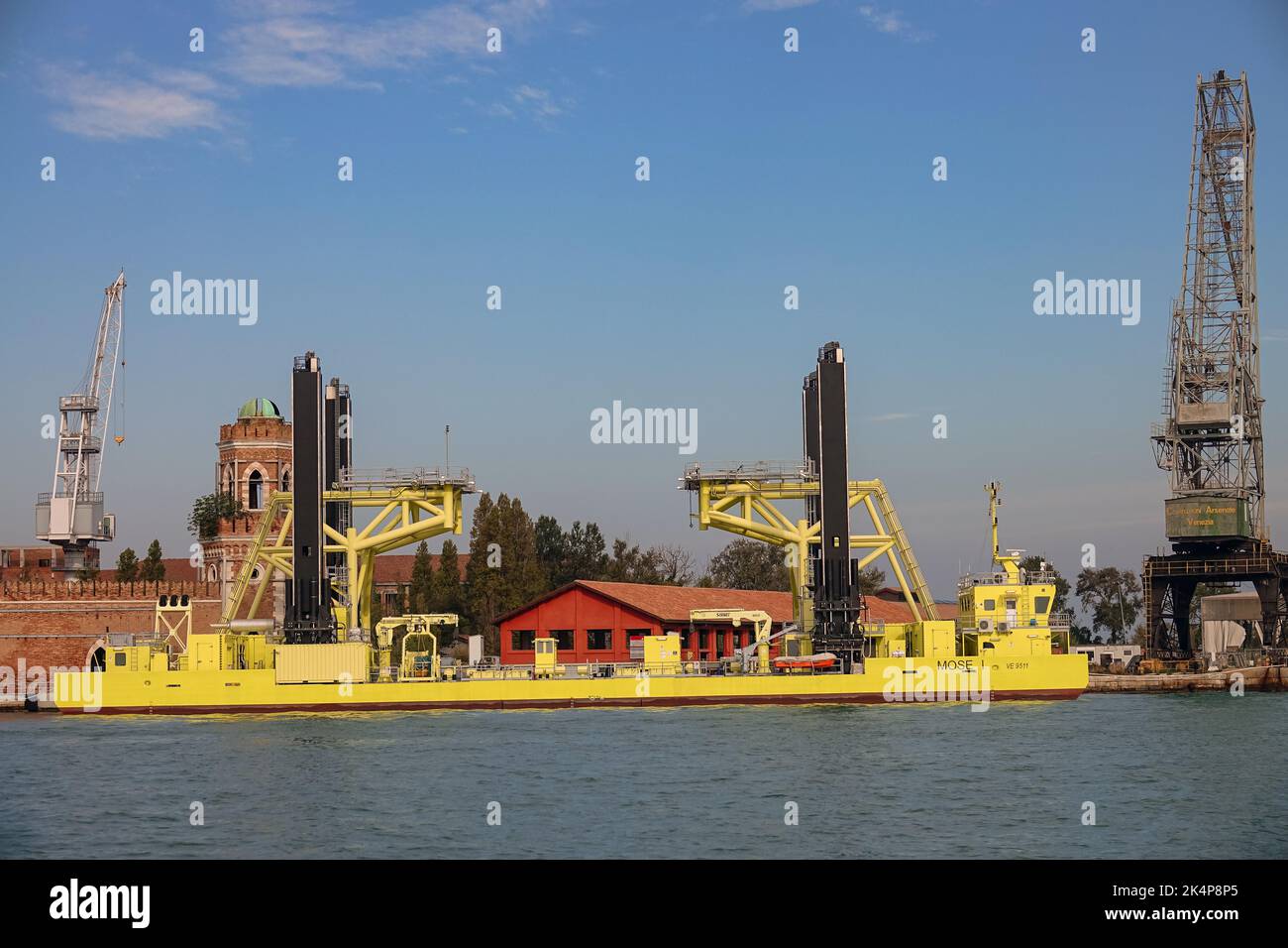 The floating platform of the Mose, which protects the Venice lagoon during high tides.  VENICE, ITALY - OCTOBER 2022 Stock Photo