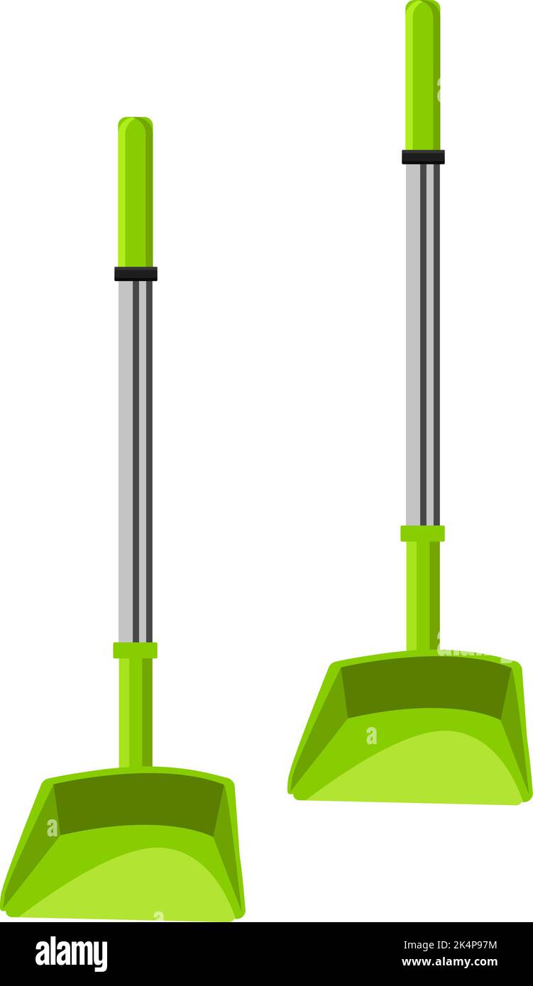 Green dustpan with long handle, illustration, vector on a white