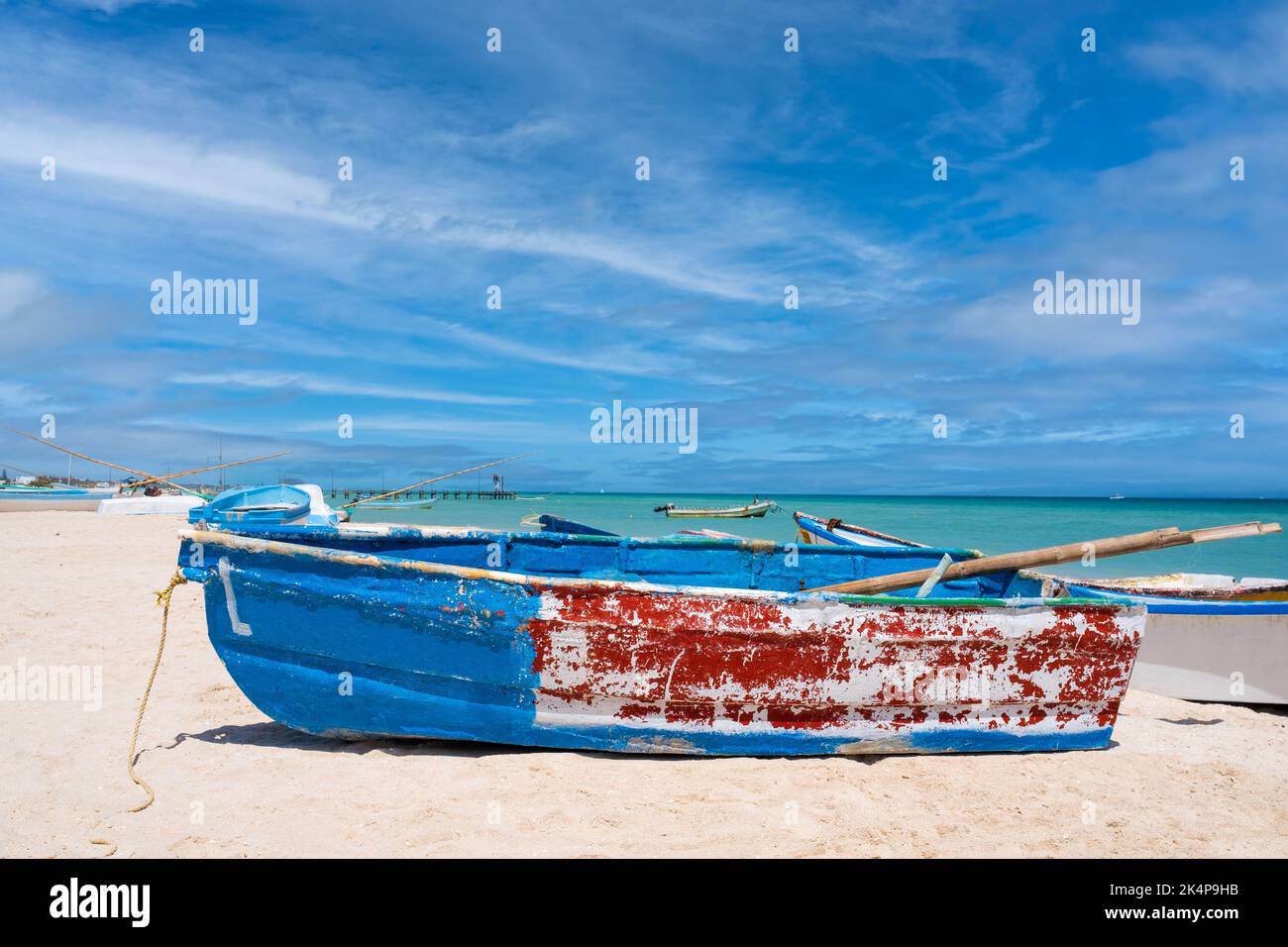 Fishing boats at the beach of Progreso near Merida in Mexico Stock Photo