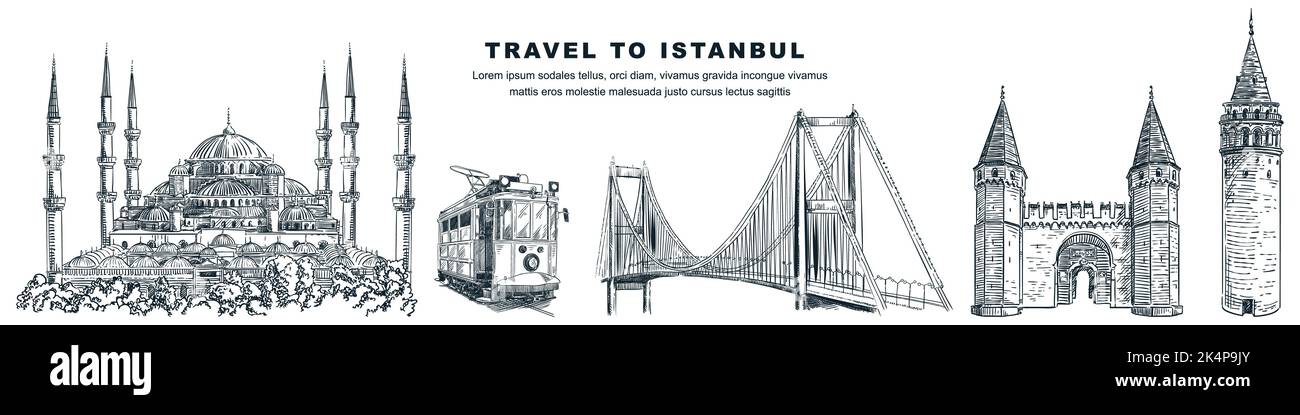 Travel to Istanbul hand drawn landmarks design elements. Vector sketch illustration of Blue Mosque, Galata Tower, tram, Topkapi Palace and bridge. Fam Stock Vector