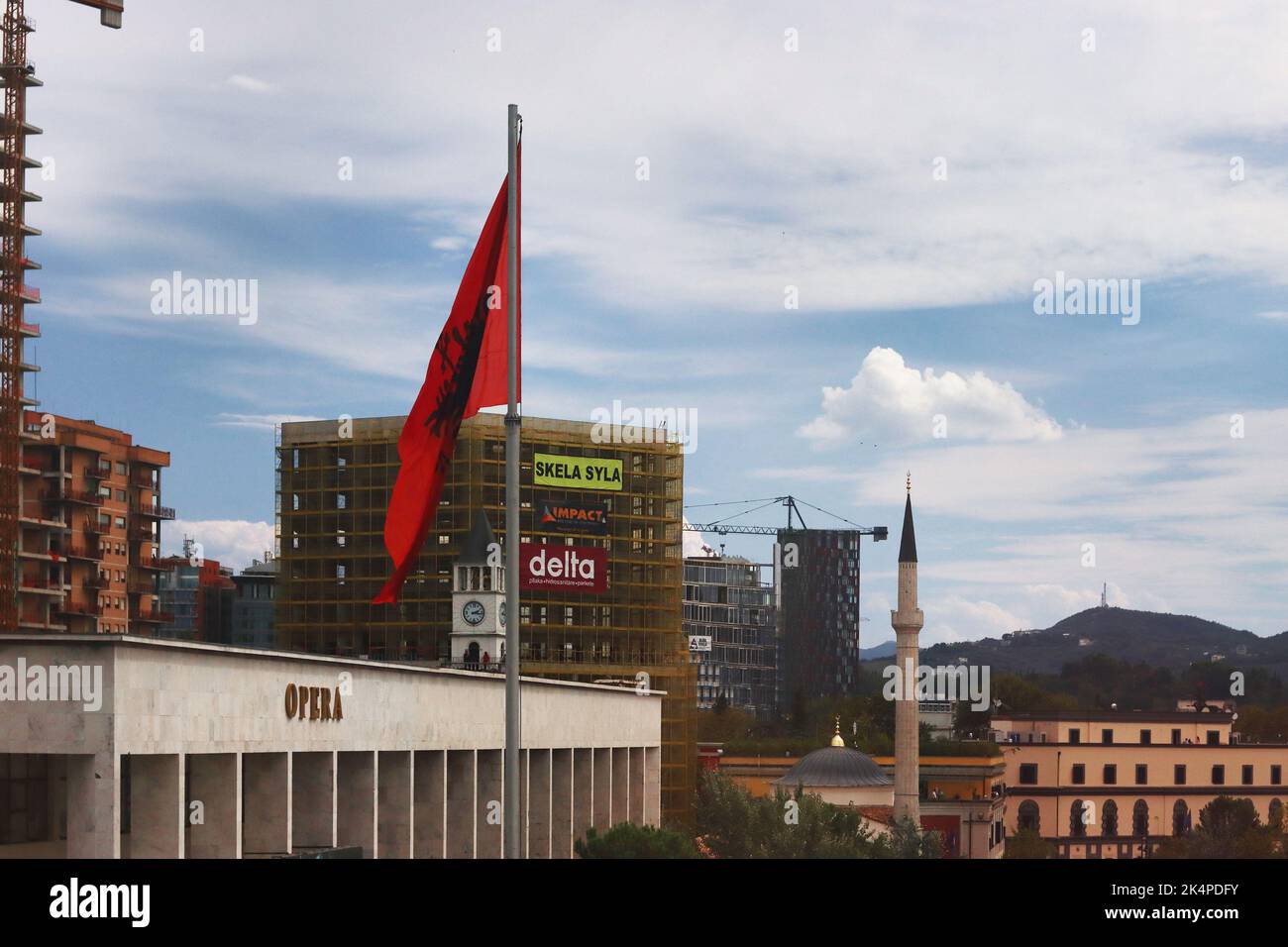 Tirana, Albania - September 1th 2022: Beautiful evening view to the National Opera, the Ethem Bey Mosque, Clock Tower, Ministry of Agriculture and Rur Stock Photo