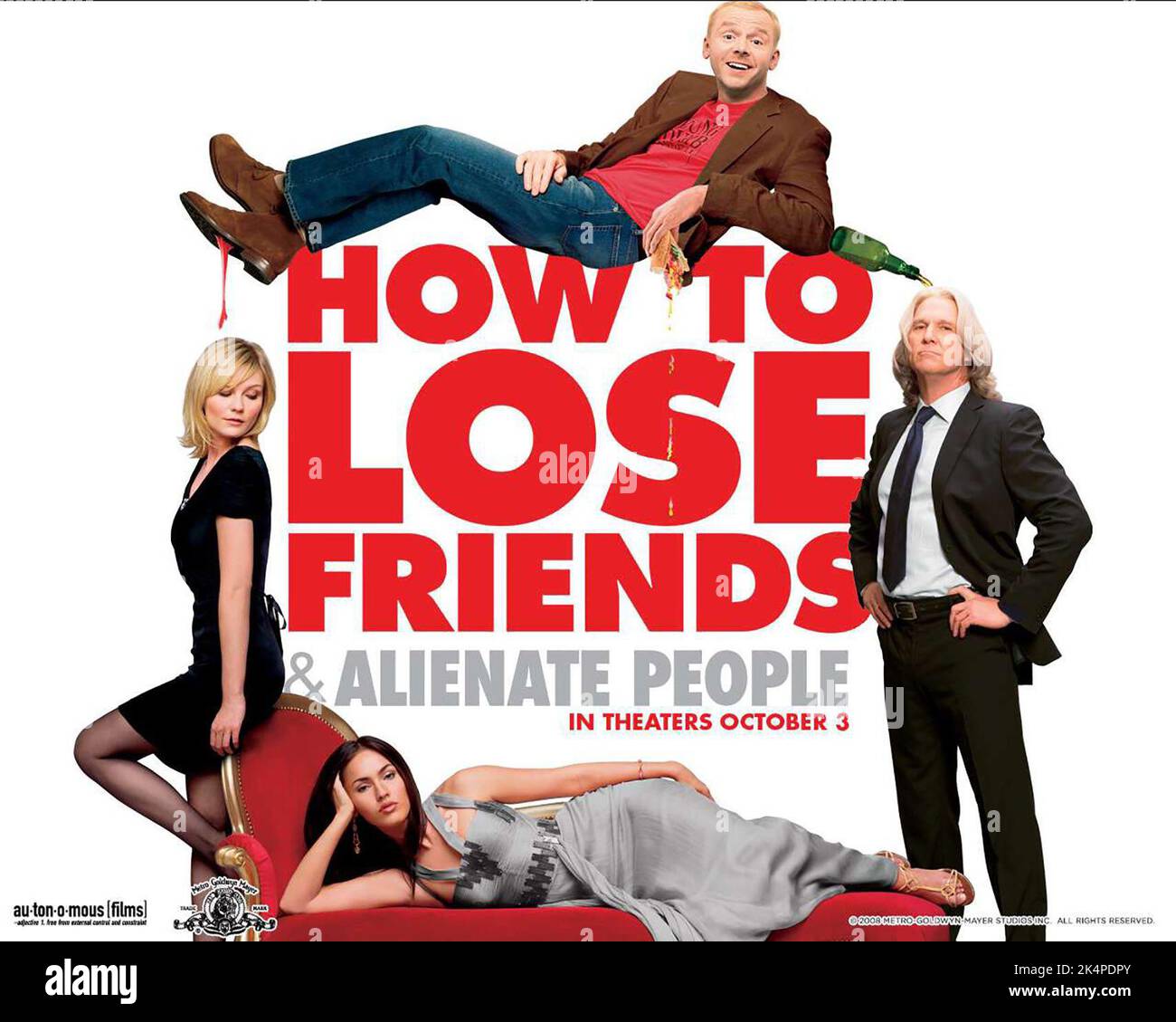KIRSTEN DUNST, SIMON PEGG, MEGAN FOX, JEFF BRIDGES POSTER, HOW TO LOSE FRIENDS and ALIENATE PEOPLE, 2008 Stock Photo