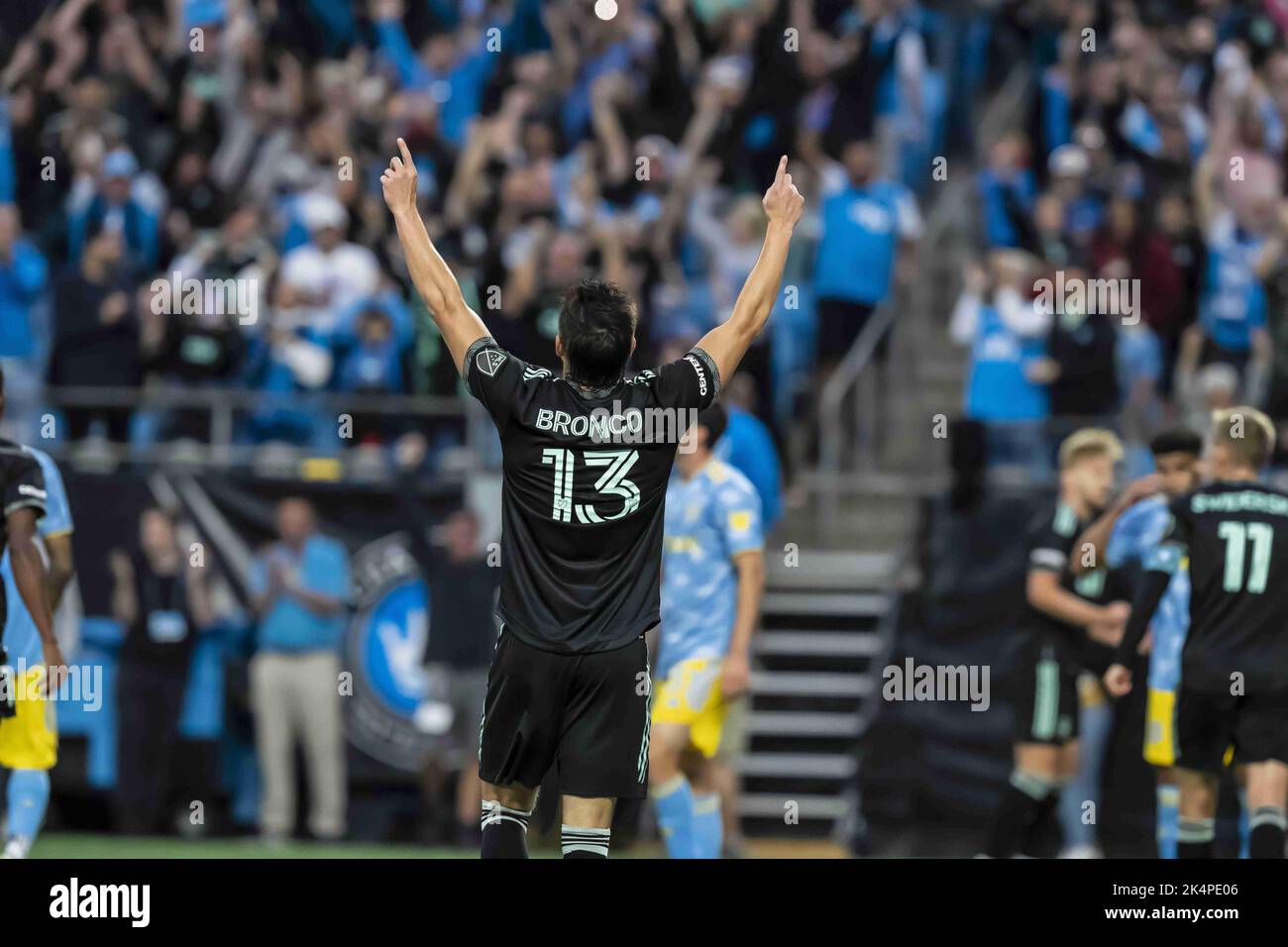 Charlotte, North Carolina, USA. 1st Oct, 2022. Charlotte FC Midfielder BRANDT BRONICO (USA) celebrates after they score a goal against the Philadelphia Union at the Bank of America Stadium in Charlotte, North Carolina, USA. Charlotte FC wins the match 4-0. (Credit Image: © Walter G. Arce Sr./ZUMA Press Wire) Stock Photo