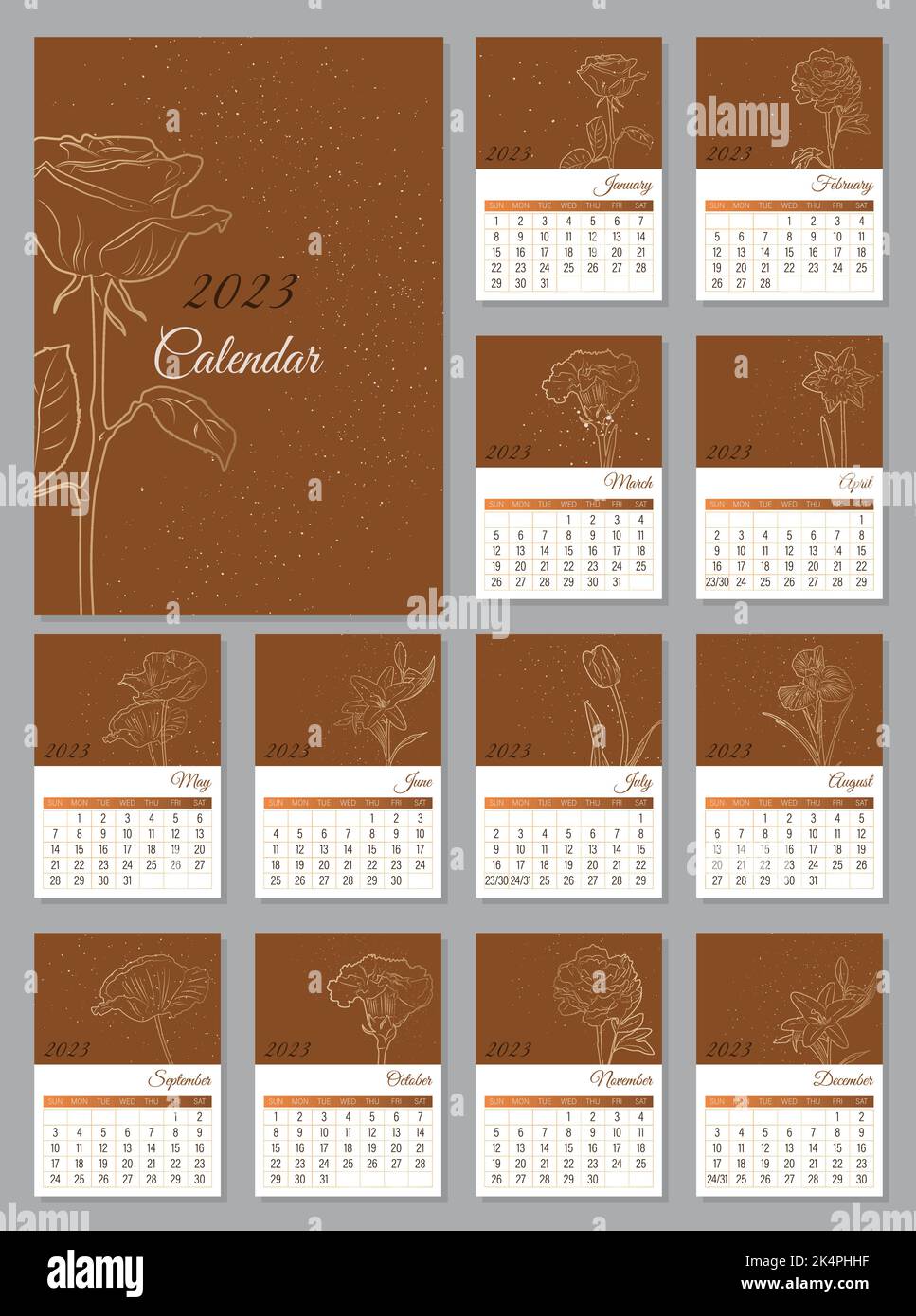 Modern stylish floral Vertical A4 Calendar 2023. Stock Vector