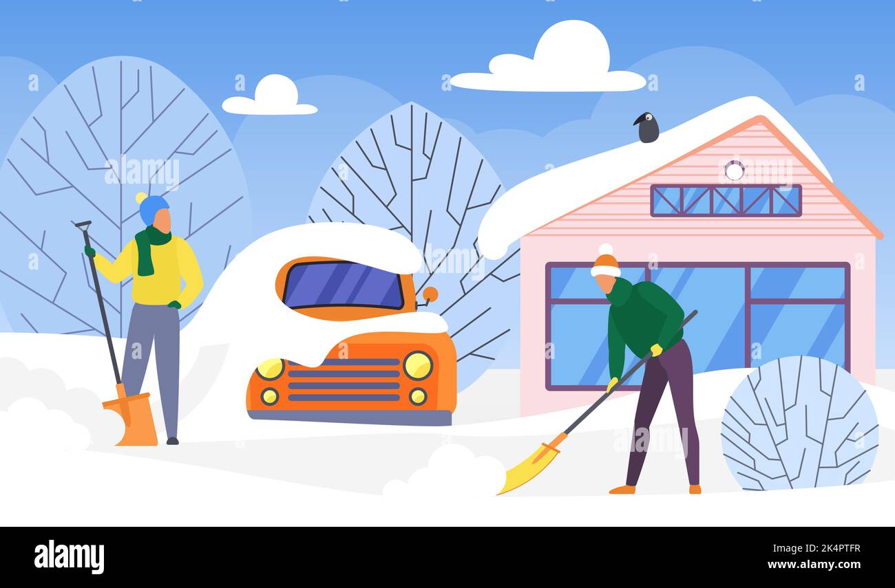 People with shovels clean city street from heavy piles of snow after snowstorm vector illustration. Cartoon male characters in hats remove stuck of snowdrifts and ice from parked car and snowy road Stock Vector
