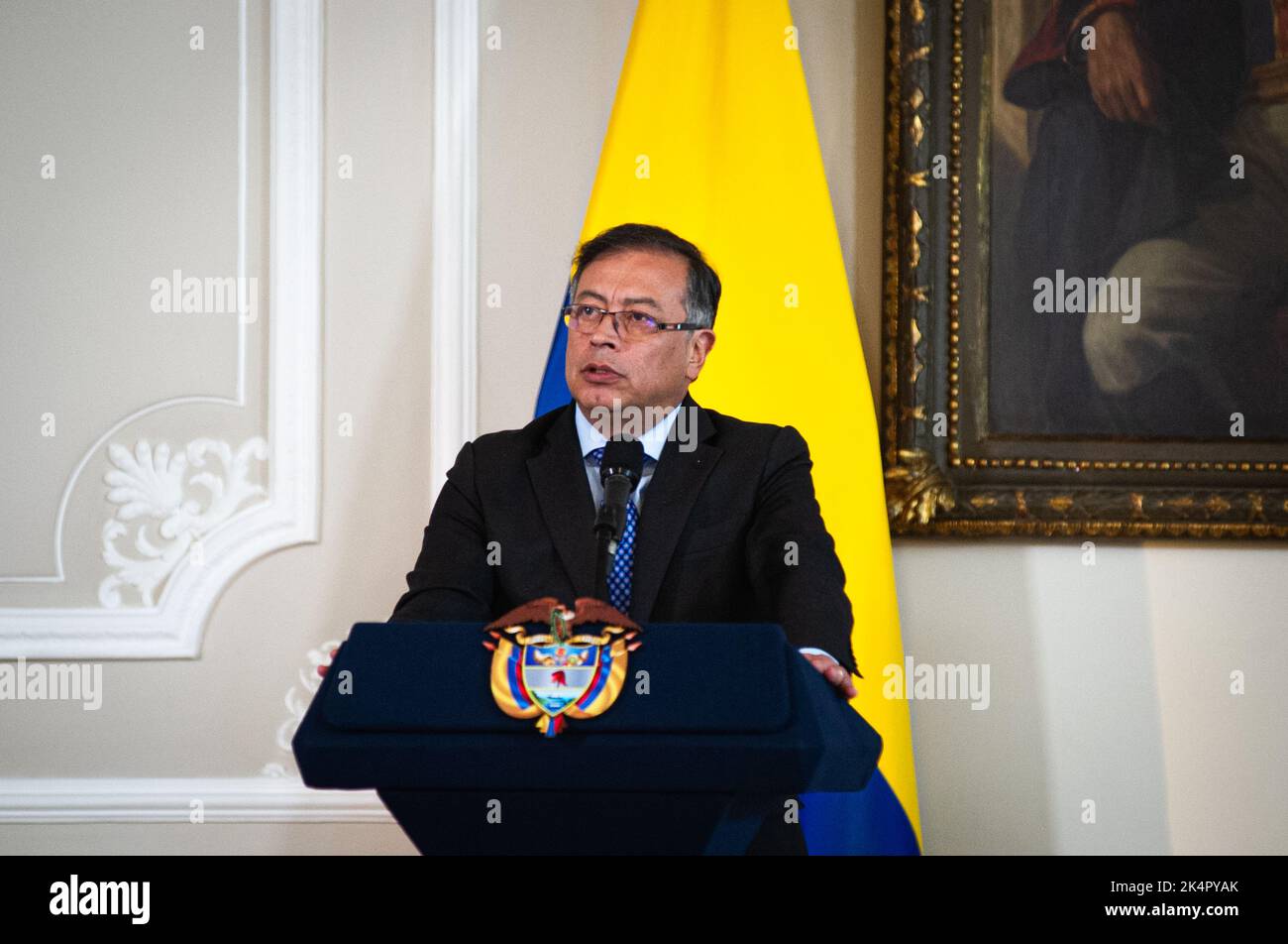 Colombian president Gustavo Petrro speaks during the official visit of United States secretary of state, Antony Blinken to Colombia, ahead to the OAS general assembly later on Lima, Peru. In Bogota, Colombia, October 3, 2022. Photo by: S. Barros/Long Visual Press Stock Photo