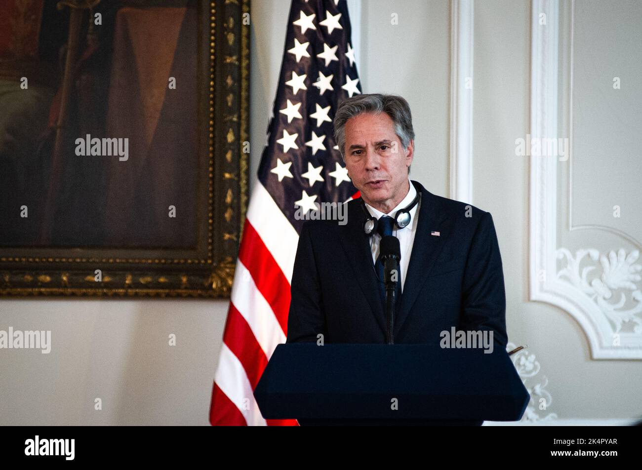 United States Secretary Antony Blinken speaks during the official visit of United States secretary of state, Antony Blinken to Colombia, ahead to the OAS general assembly later on Lima, Peru. In Bogota, Colombia, October 3, 2022. Stock Photo