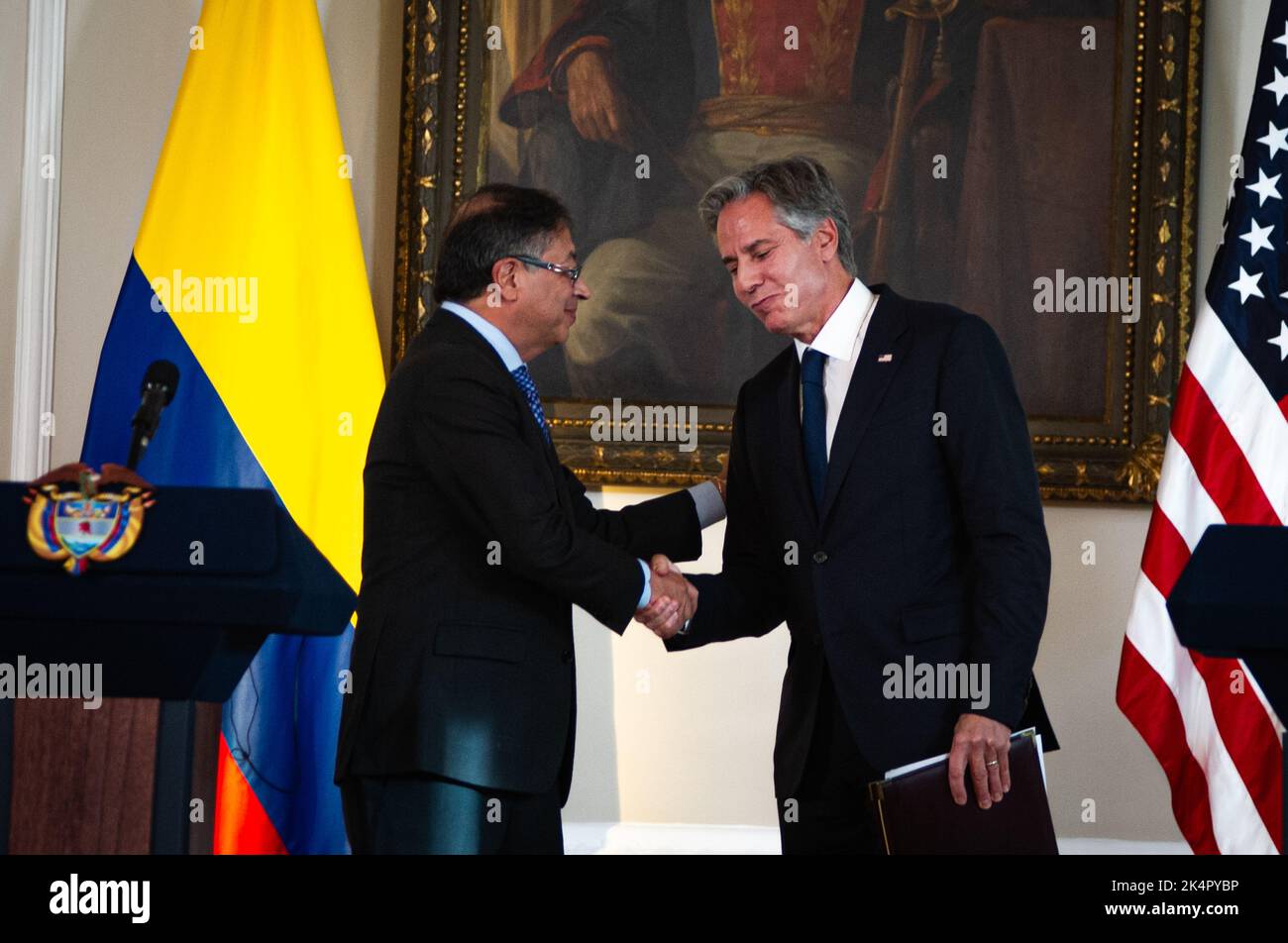 Colombian president Gustavo Petro (L) shakes hands with United States Secretary Antony Blinken during the official visit of United States secretary of state, Antony Blinken to Colombia, ahead to the OAS general assembly later on Lima, Peru. In Bogota, Colombia, October 3, 2022. Photo by: S. Barros/Long Visual Press Stock Photo