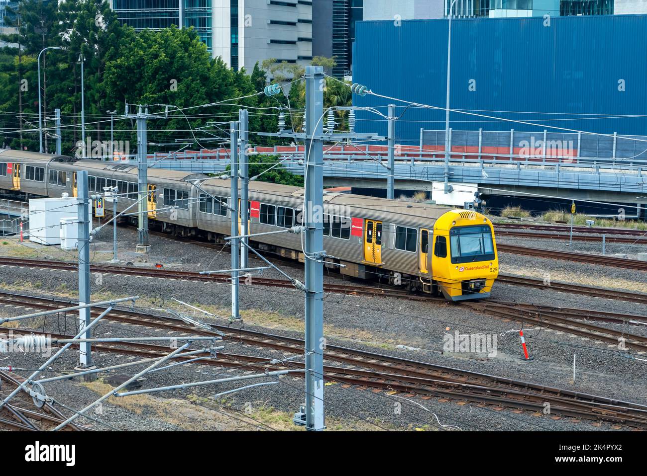 Brisbane, Australia - Aug 5, 2022: Close-up view of passenger train in Brisbane, Australia Stock Photo