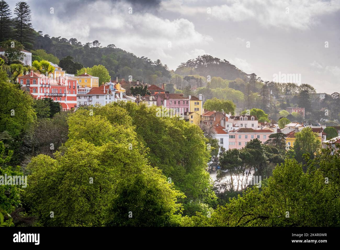 Sintra, Portugal, homes on a hillside in a spring rain shower Stock Photo