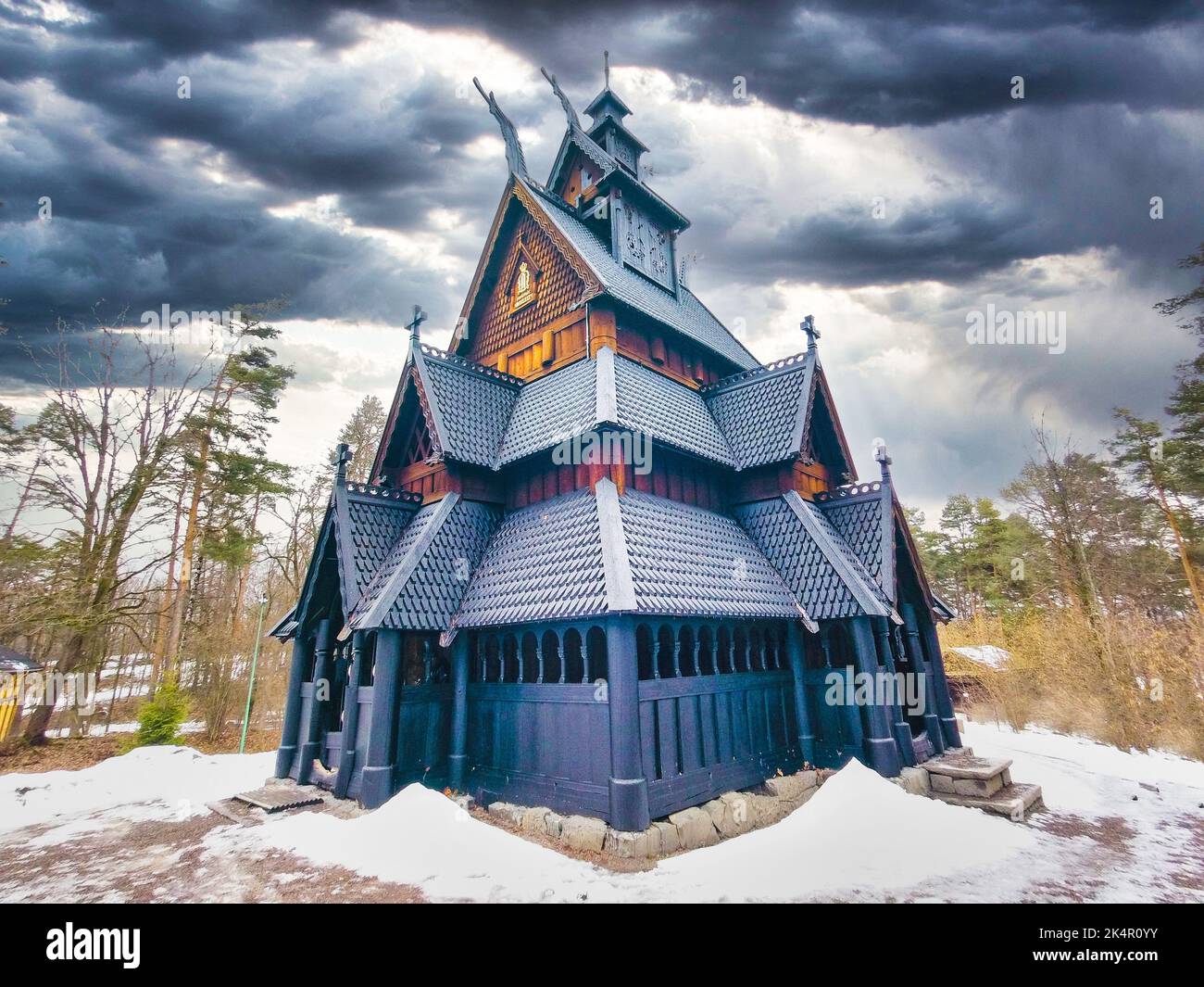 Gol stave church in Norway in winter Stock Photo