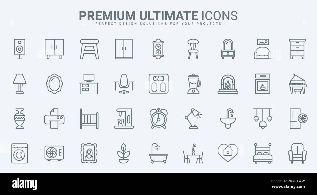 Home furniture and appliances thin line icons set vector illustration ...