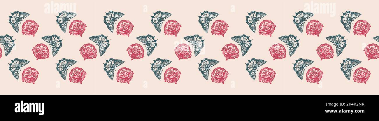 Retro butterfly seamless border. 70s style ecological insect garden ...