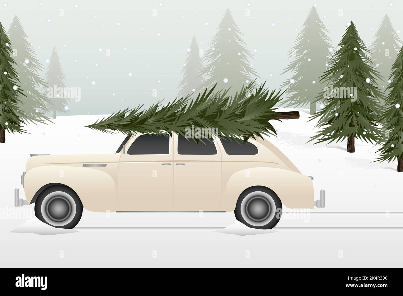 A vintage car with a Christmas tree on top Stock Vector