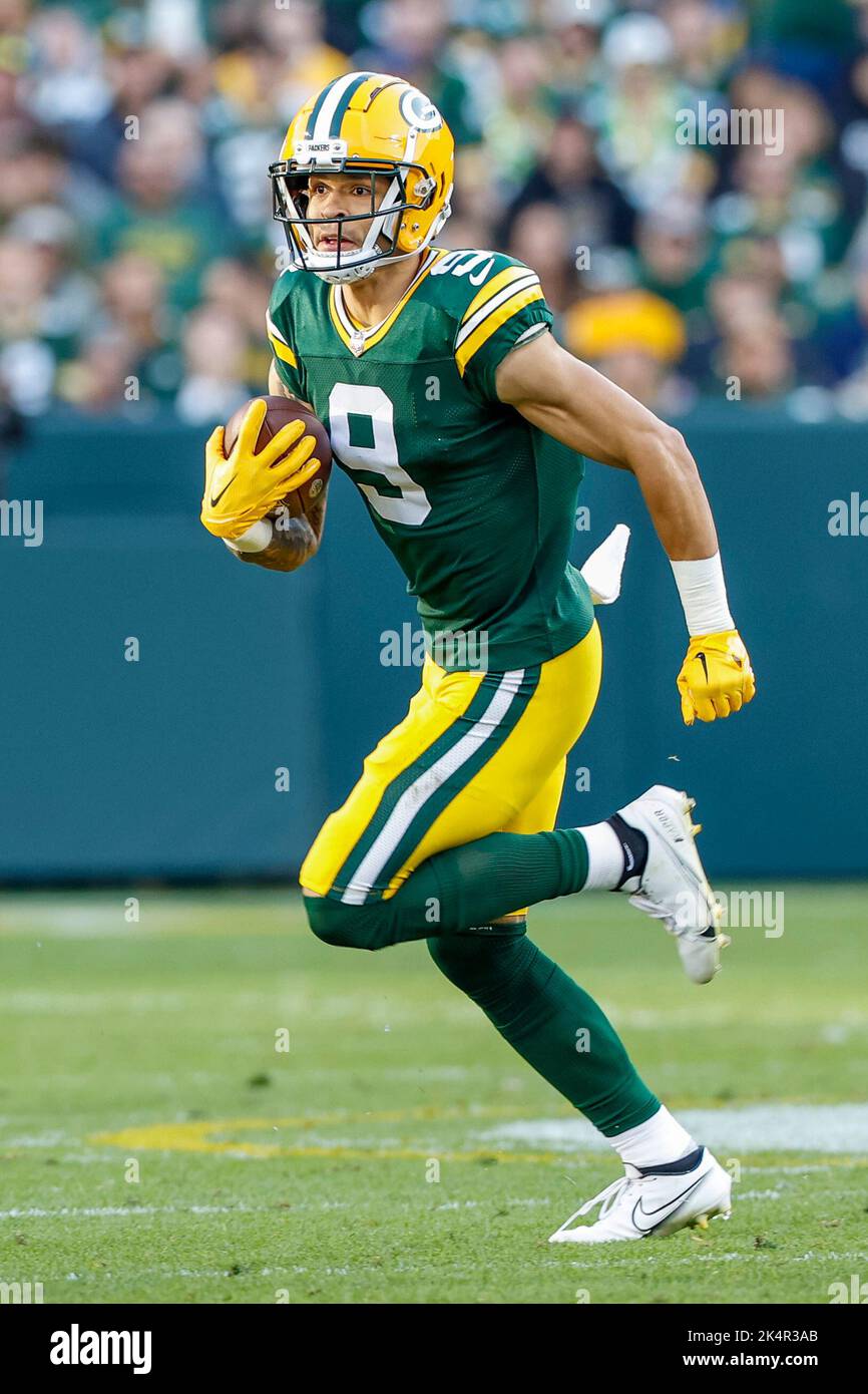 Green Bay, Wisconsin, USA. 2nd Oct, 2022. Green Bay Packers wide receiver  Christian Watson (9) warming up before the NFL football game between the  New England Patriots and the Green Bay Packers