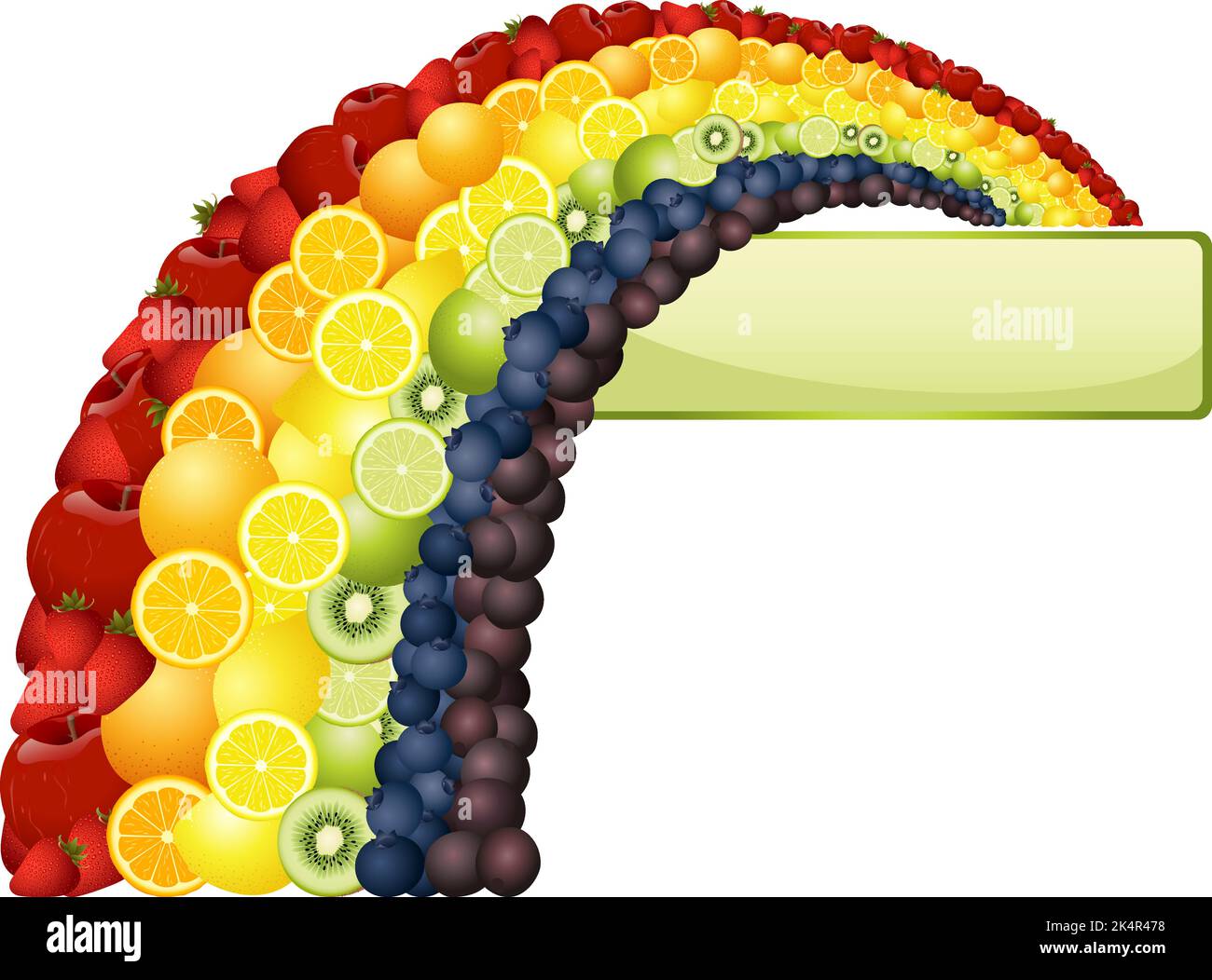 A colorful rainbow made of different types of fruit, and a banner with copyspace. Stock Vector