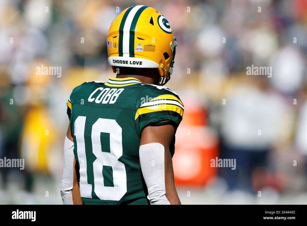 October 2, 2022: Green Bay Packers wide receiver Randall Cobb (18) Ã”Choose  LoveÃ• helmet during the NFL football game between the New England Patriots  and the Green Bay Packers at Lambeau Field