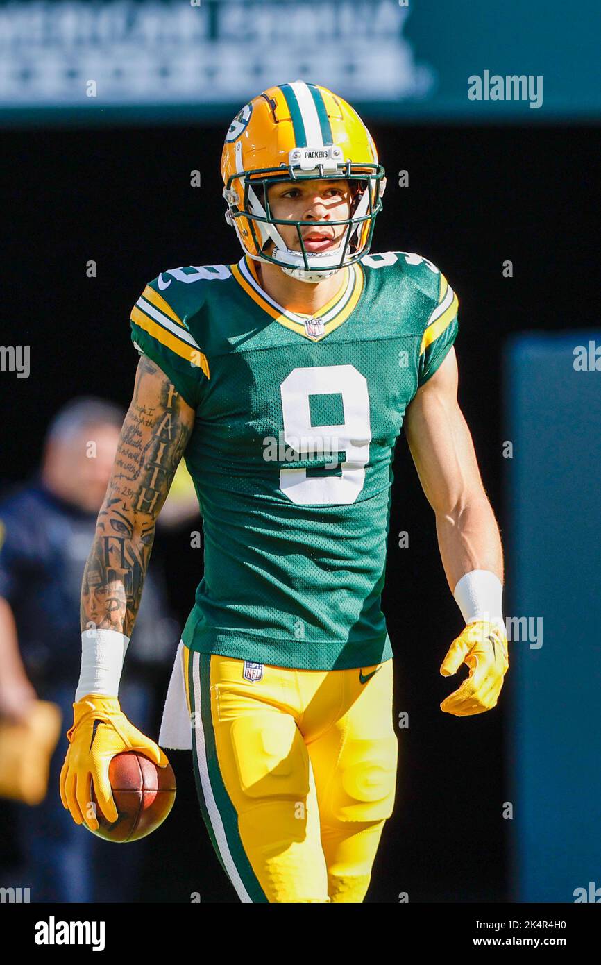 October 2, 2022: Green Bay Packers wide receiver Christian Watson (9)  warming up before the NFL football game between the New England Patriots  and the Green Bay Packers at Lambeau Field in