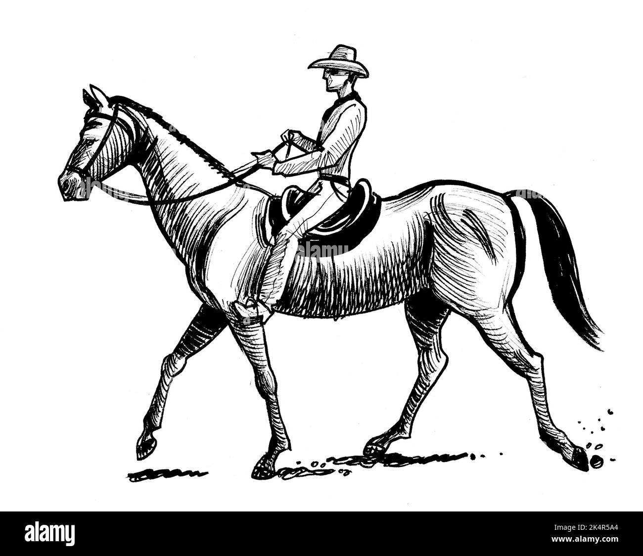 Cowboy riding a horse. Ink black and white drawing Stock Photo Alamy