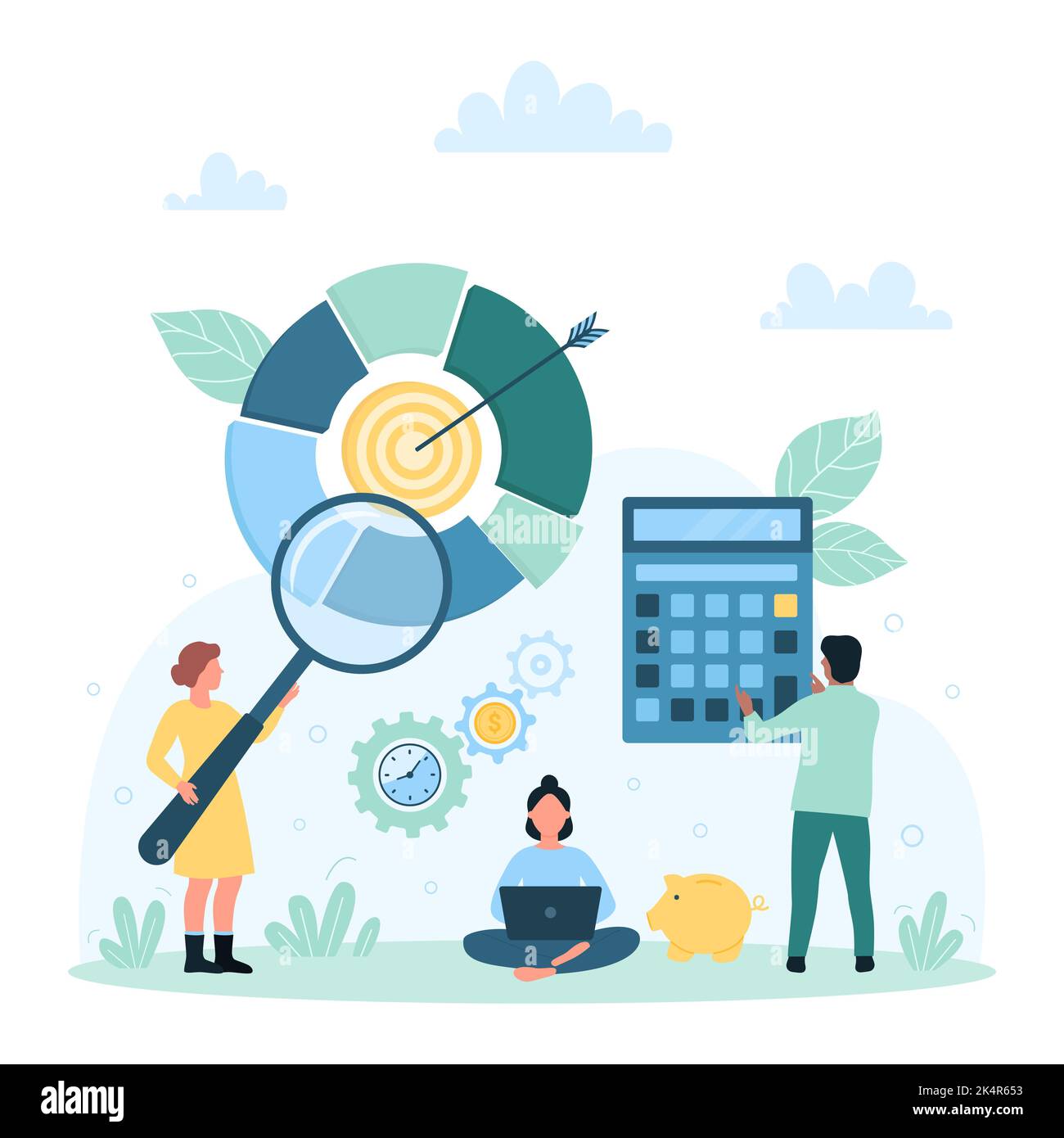Business analysis, analytics, data graph and stats research vector illustration. Cartoon tiny people analyze pie chart with magnifying glass and calculator, verify analytic report with focus lens Stock Vector