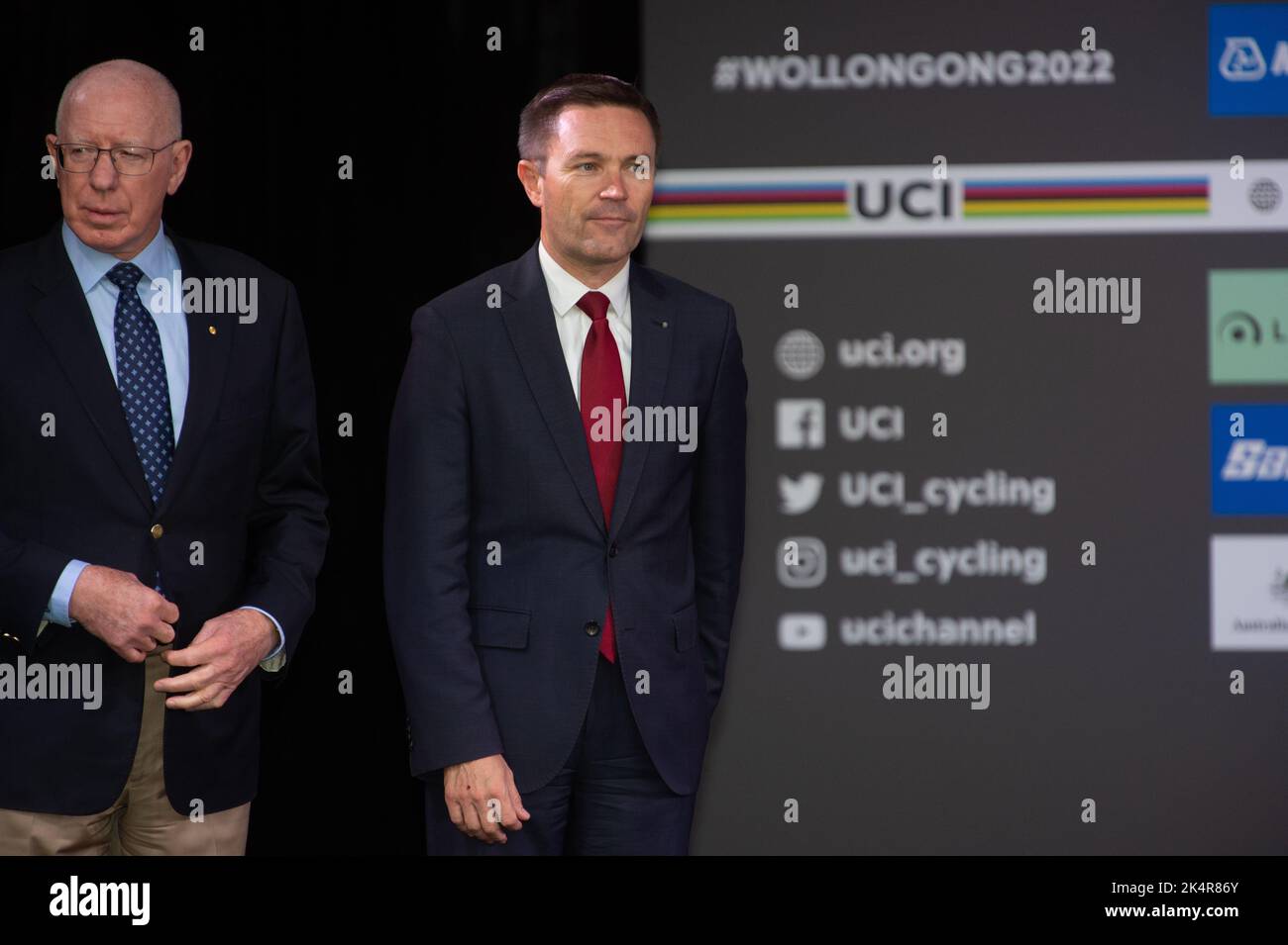 UCI president David Lappartient on the podium to present the medals for the women's road race. Stock Photo