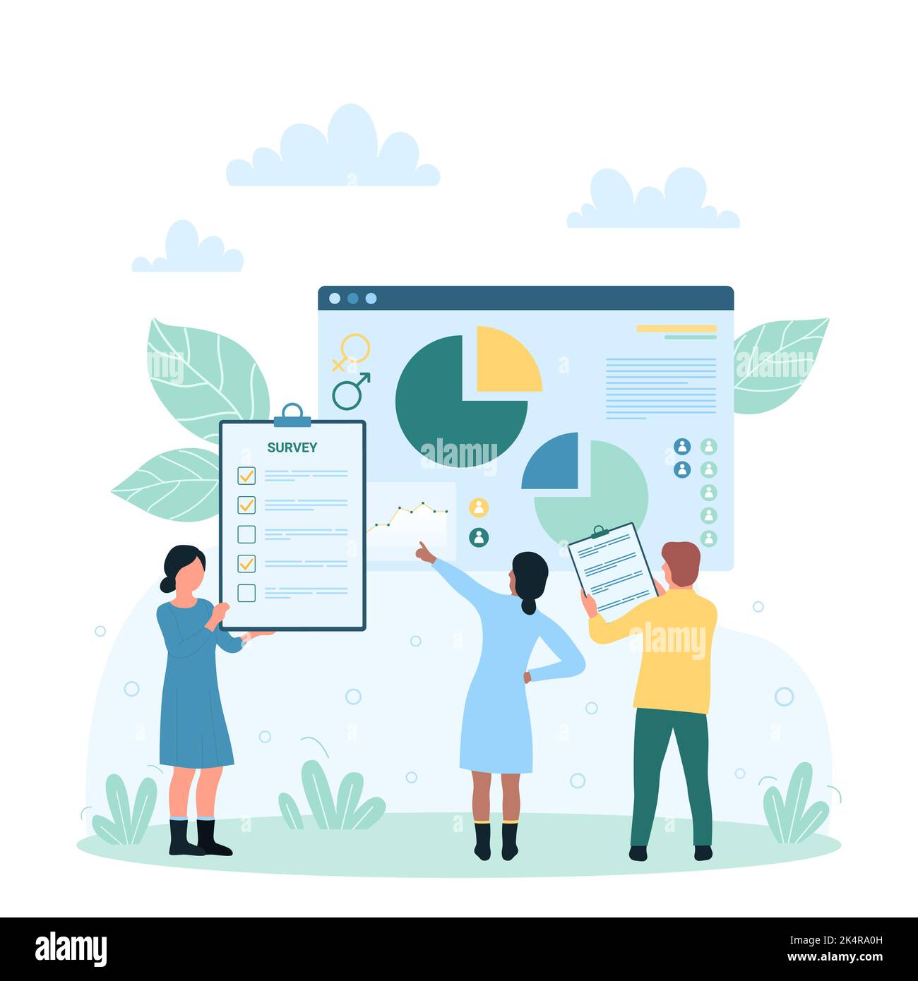 Sociology survey and research results vector illustration. Cartoon tiny people holding survey list to study society, focus group, gender statistics and discuss report document with graphs and charts Stock Vector
