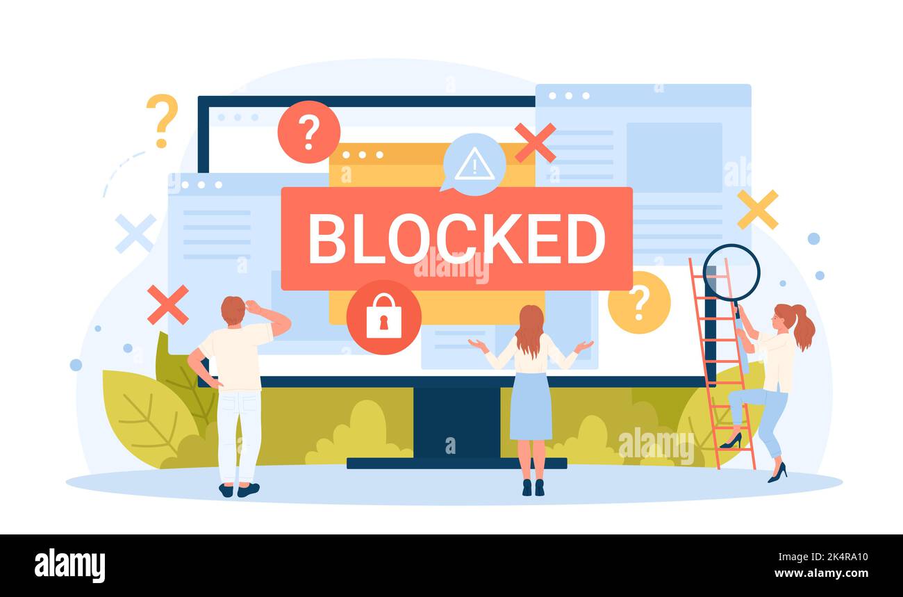 Ransomware attack and cyber protection for user account vector illustration. Cartoon blocked content for tiny people with alert message and padlock on computer monitor, access to files closed Stock Vector