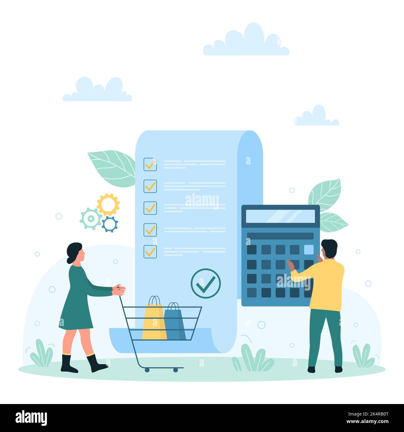 Payment bill and financial documents vector illustration. Cartoon tiny people holding supermarket cart and calculator to check paper fiscal receipt, pay for purchases on approved invoice in shop Stock Vector