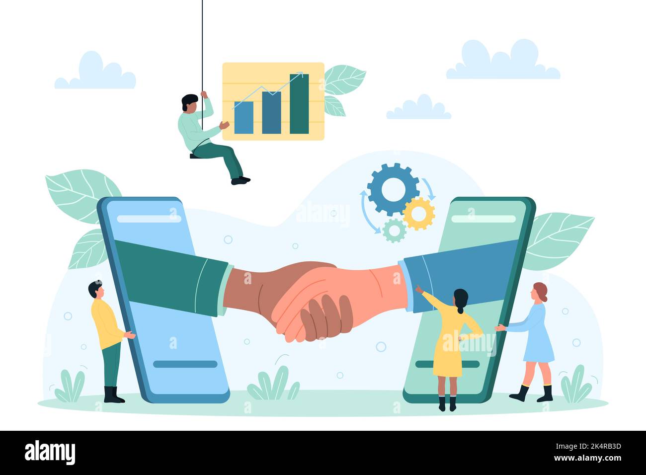 Partnership and deal, handshake of business people vector illustration. Cartoon partners from screen of mobile phones shake hands, tiny people holding finance graph to work with company contract Stock Vector