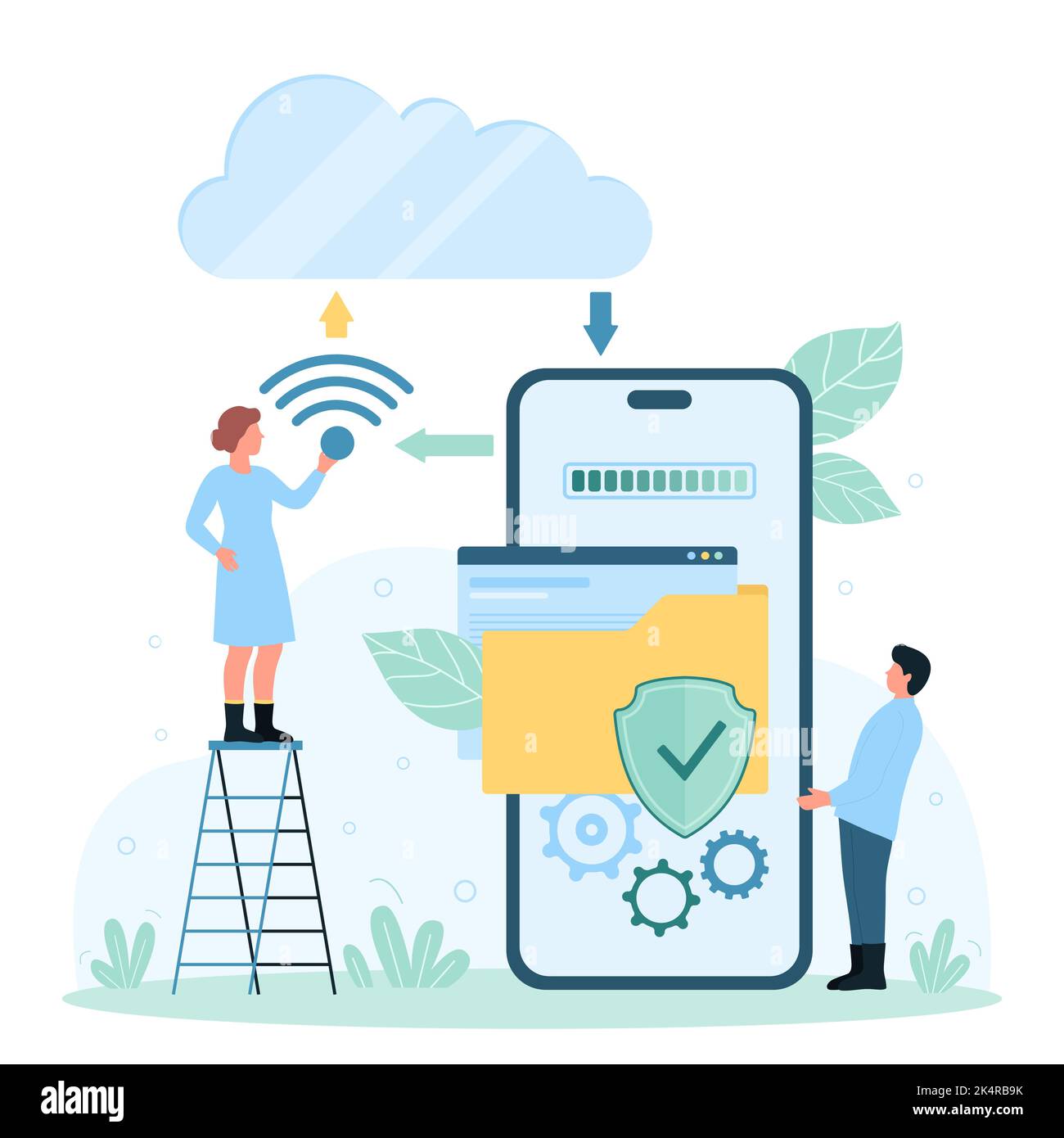 Cloud data storage service for mobile phones, networking infrastructure and communication vector illustration. Cartoon tiny people holding wireless sign, download files and documents in smartphone Stock Vector