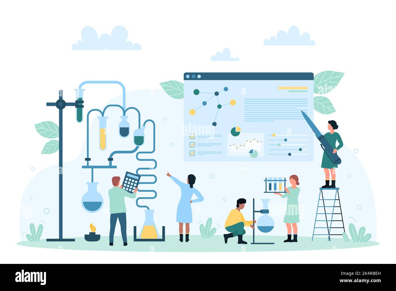 Chemical research in laboratory and technology for science development vector illustration. Cartoon tiny people work with test tubes and flasks on chemistry experiment, study of scientists team Stock Vector
