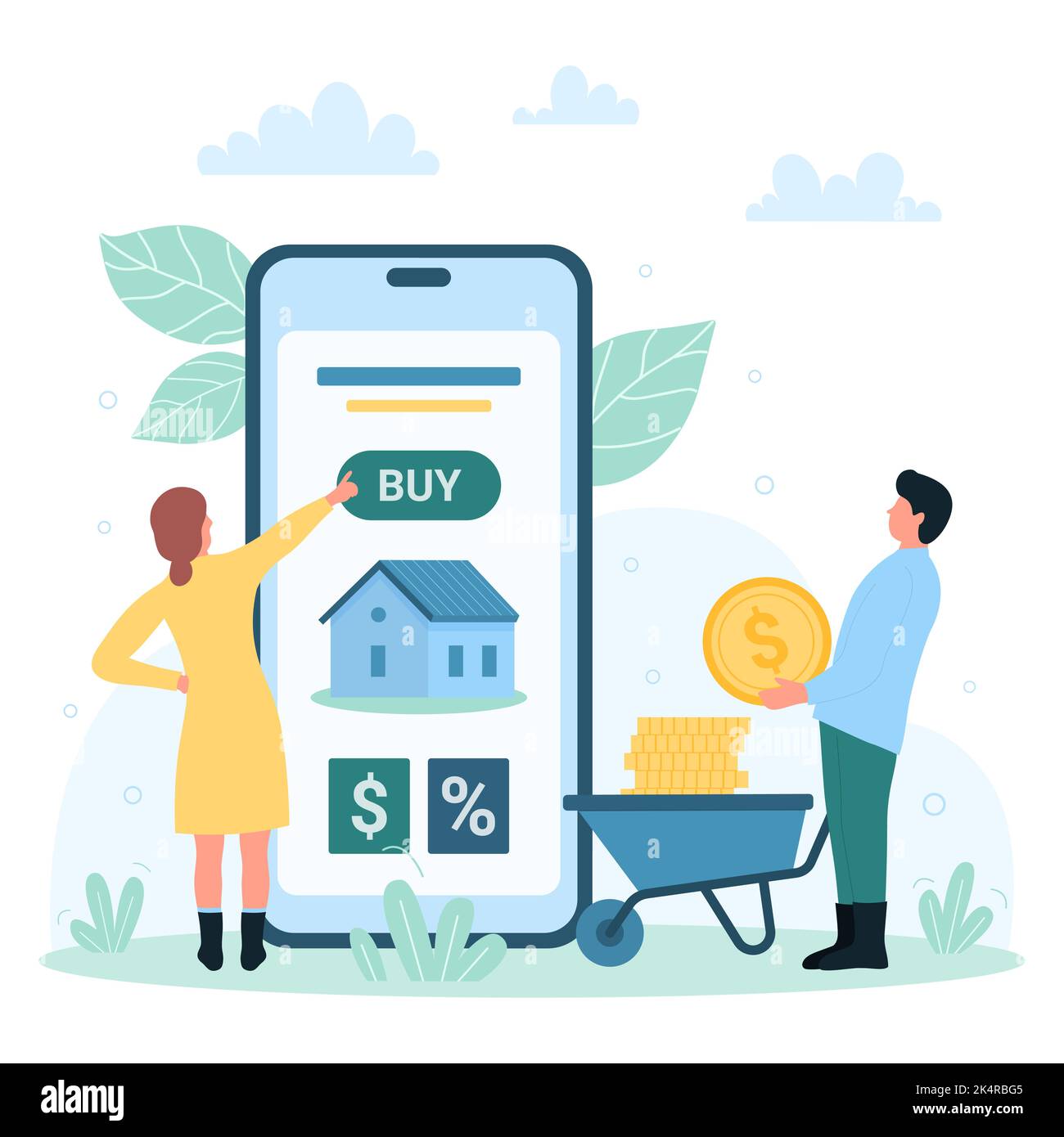 Online auction to bid and buy property vector illustration. Cartoon tiny people buying new home in mobile app with house on screen, holding coin from wheelbarrow with money. Procurement concept Stock Vector