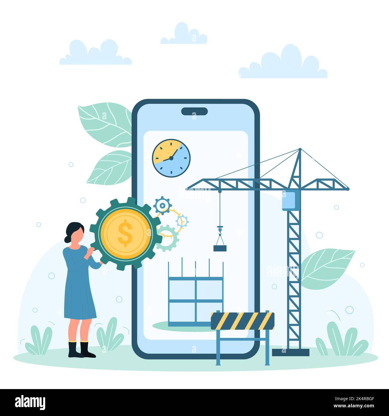 Investment in real estate and property, housing business vector illustration. Cartoon tiny woman holding gold coin inside gear, owner investing in building of new house, using construction crane Stock Vector