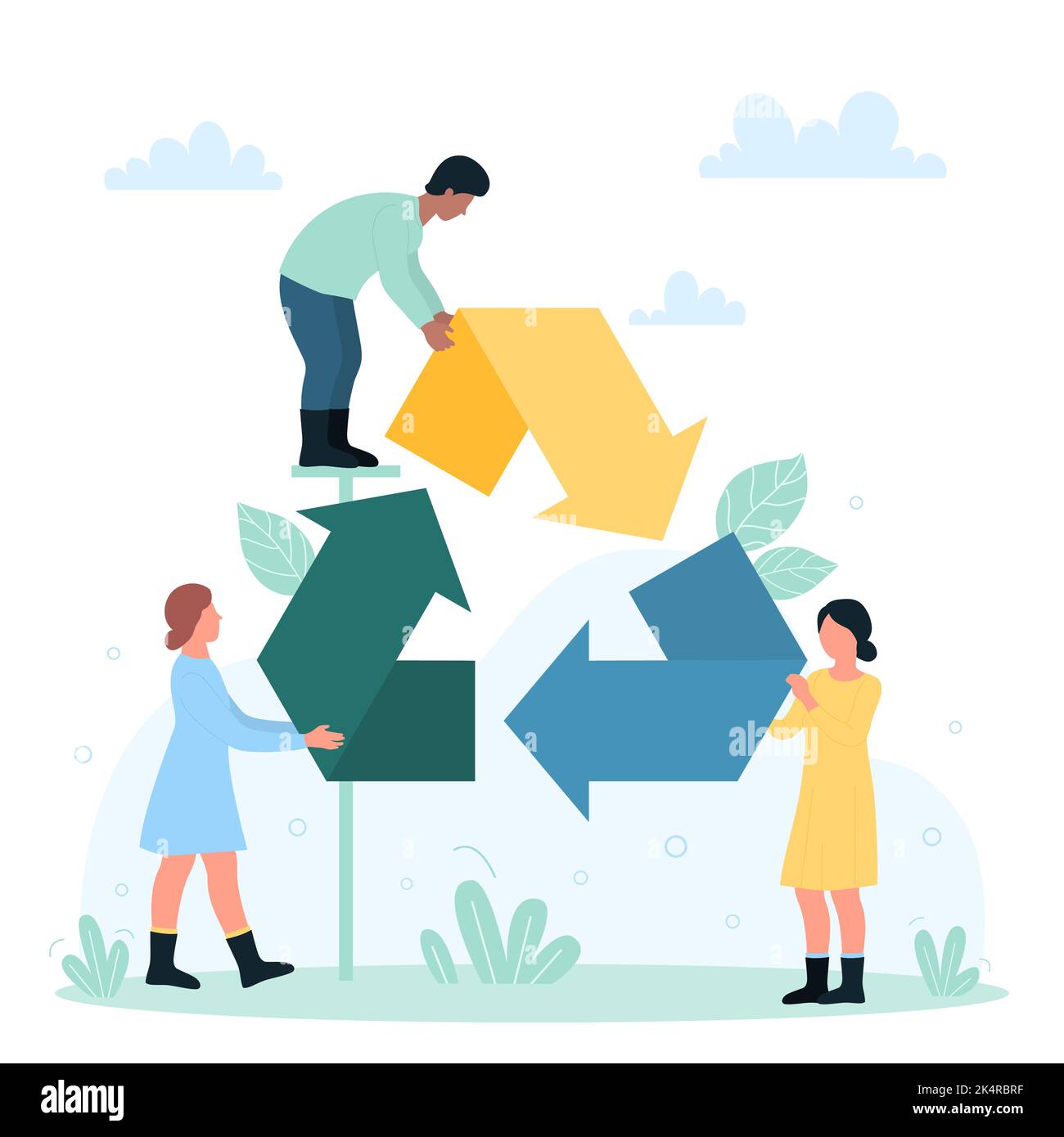 Recycle, eco friendly development, global green innovation vector illustration. Cartoon tiny people reuse plastic, paper and glass rubbish, waste and trash to save energy, ecosystem of planet Earth Stock Vector
