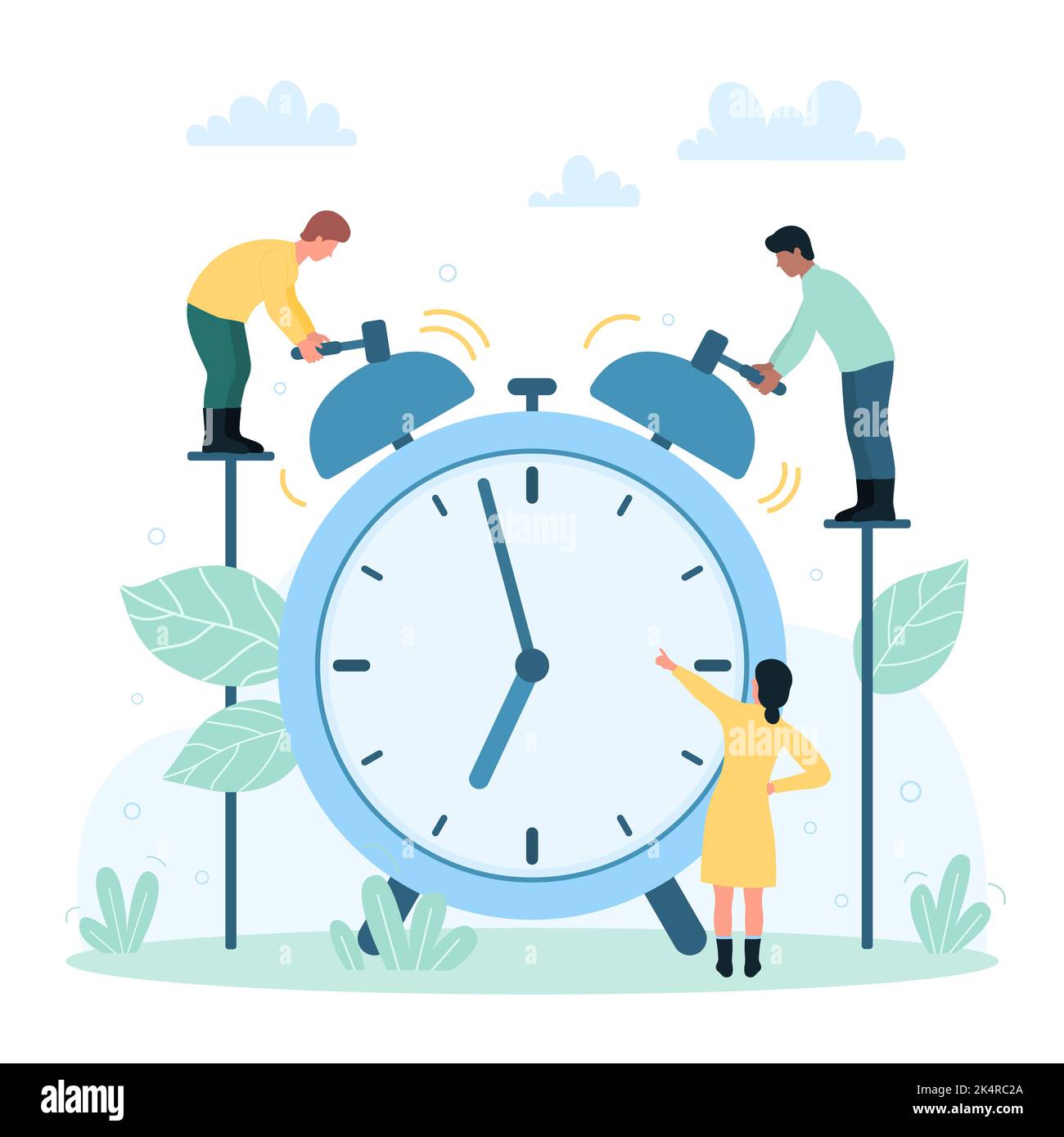 Time management, efficiency of daily tasks and punctuality vector illustration. Cartoon tiny people hitting hammers to make alarm clock ring, reminder for employees. Deadline, countdown concept Stock Vector