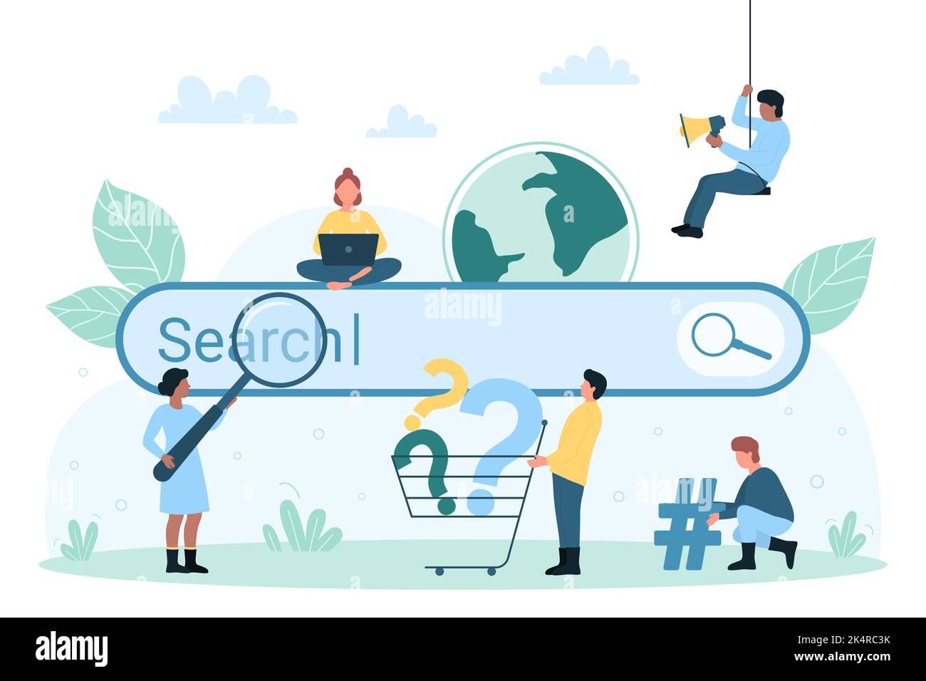 Online web search service vector illustration. Cartoon tiny people look through magnifying glass to explore internet, millennial characters use browser search engine to find answers to questions Stock Vector